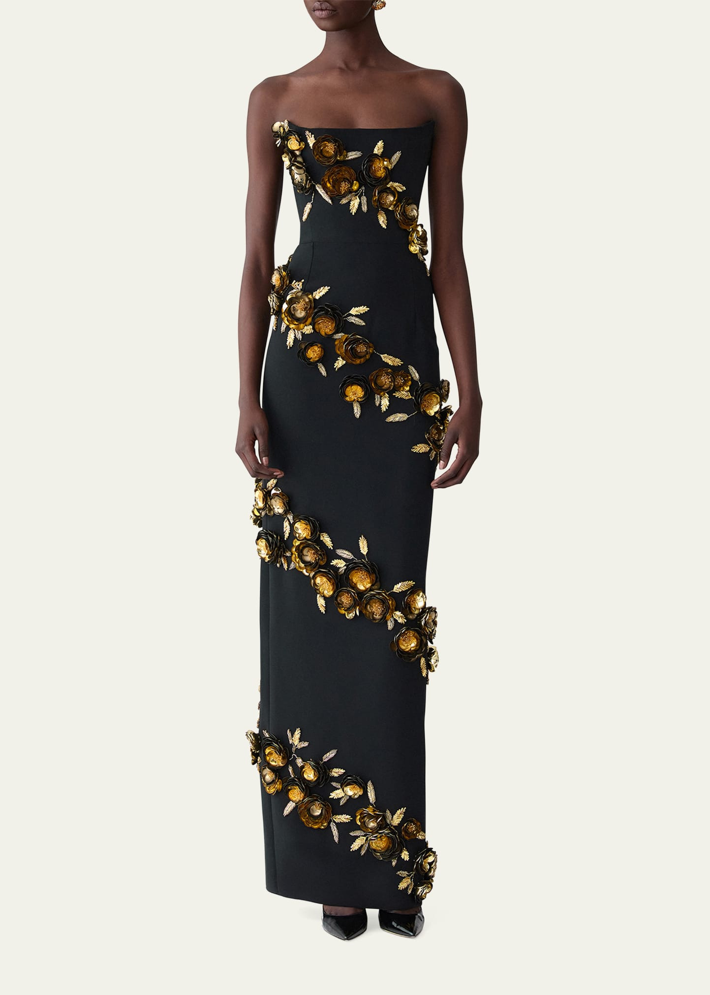 3D Floral Embellished Strapless Column Gown - 2