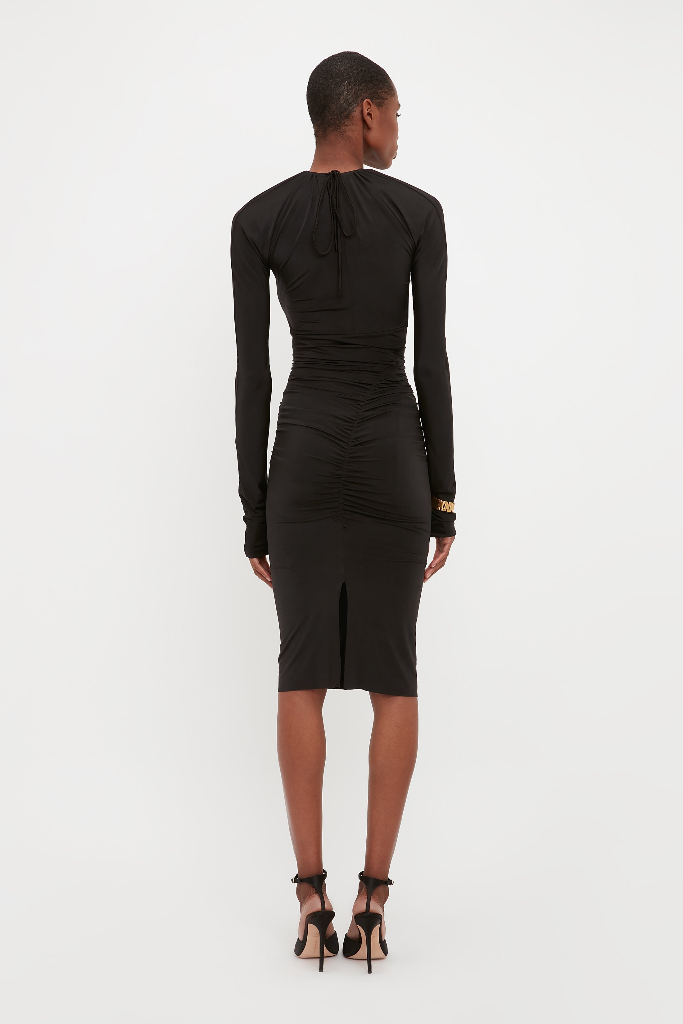 Long Sleeve Fitted Dress In Black - 4