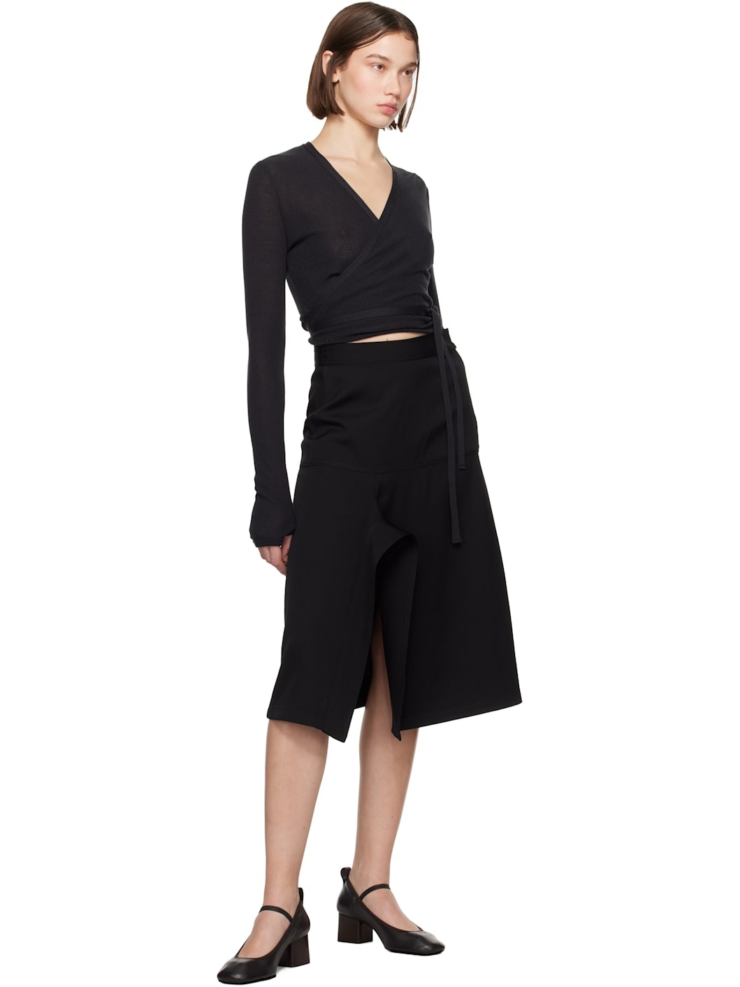 Black Asymmetrical Wrapover Midi Skirt - 4