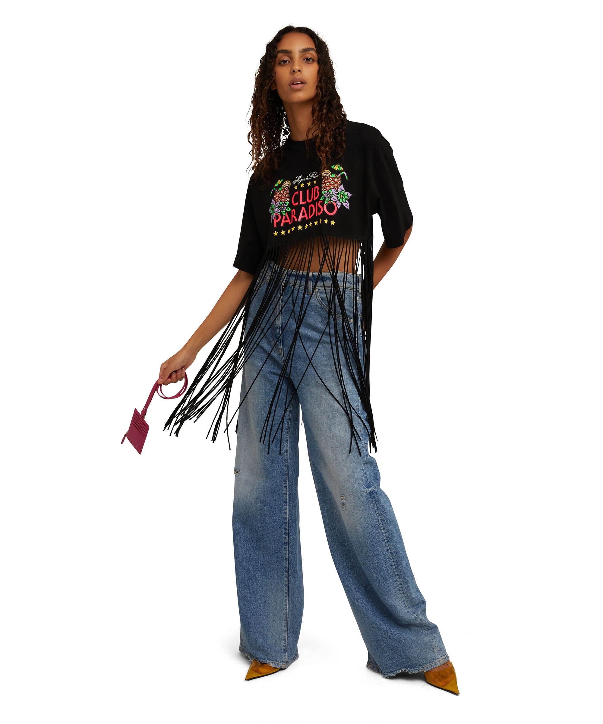 Cotton crewneck crop-top fringed t-shirt with "club paradiso" graphic - 5