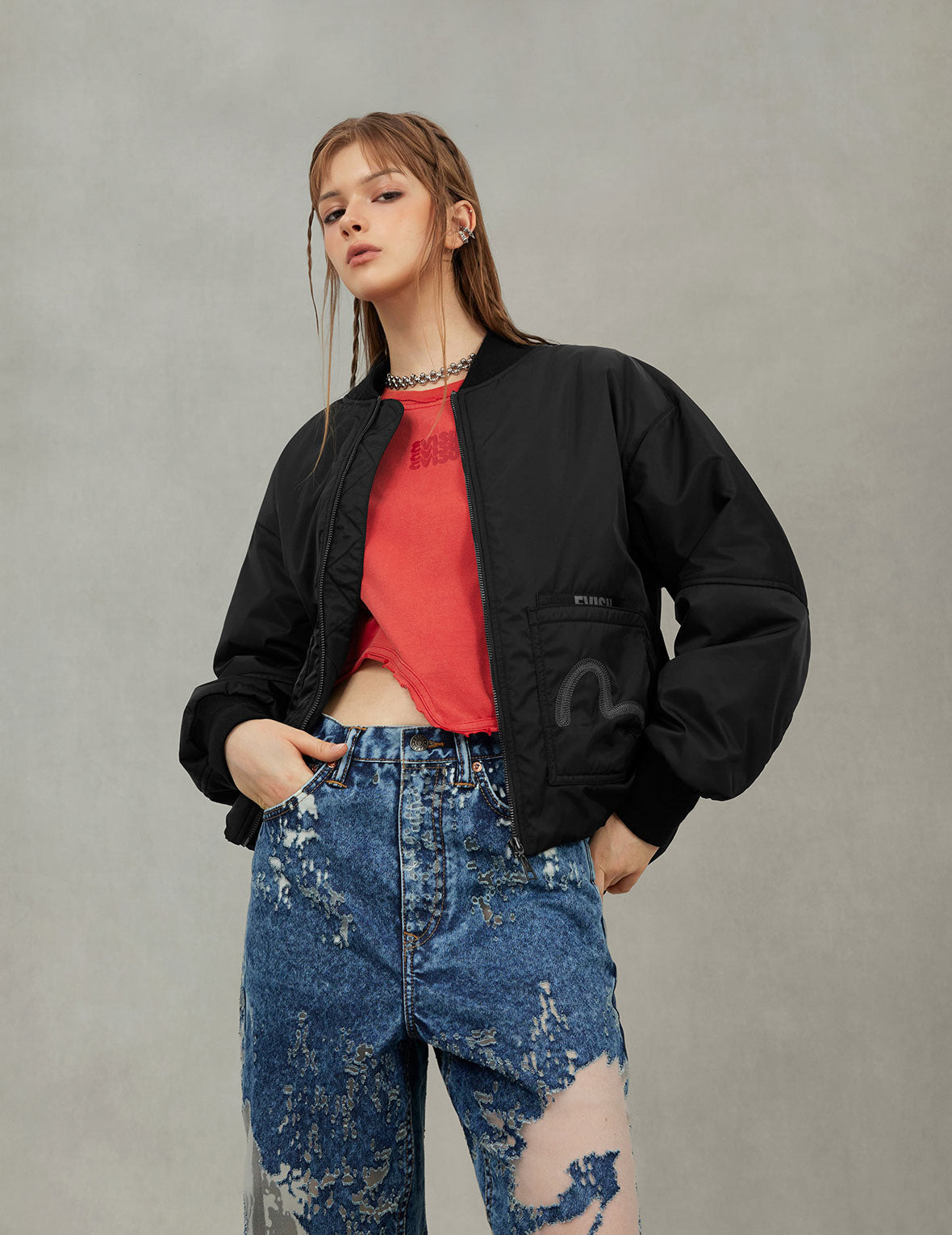 Fuzzy Cat Appliqué and Logo Embroidery Drop-Shoulder Bomber Jacket - 7