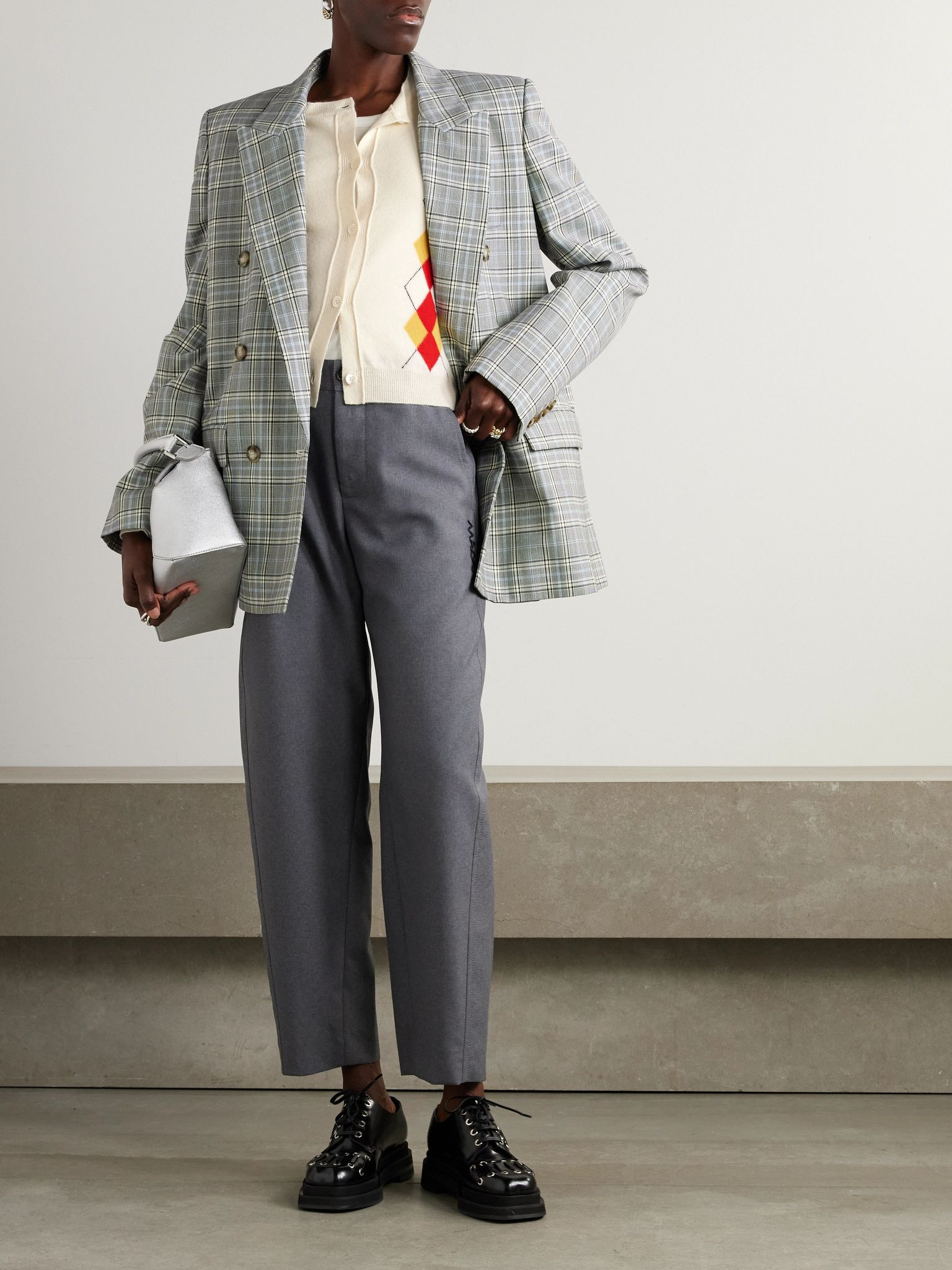 Cropped embroidered argyle wool cardigan Cream - 2