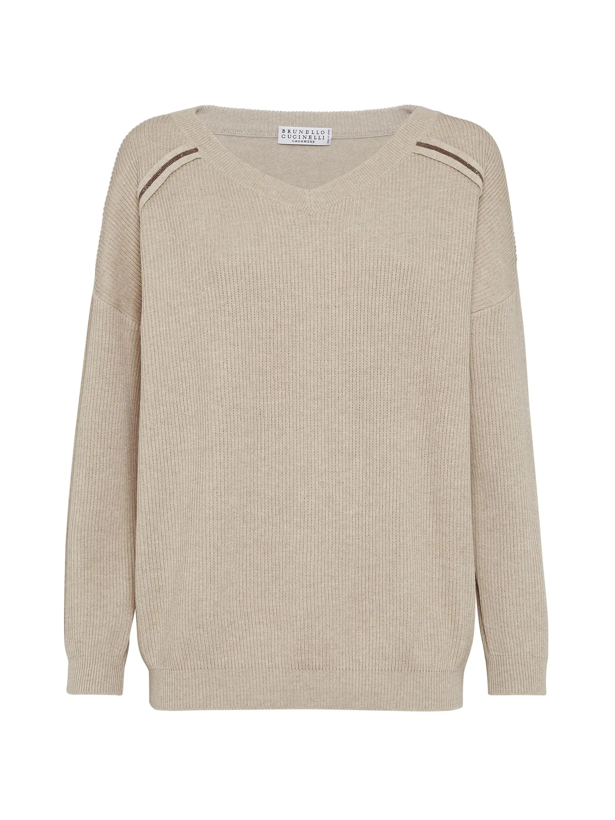 Women's Cotton English Rib Sweater With Shiny Stripes - Beige - 1