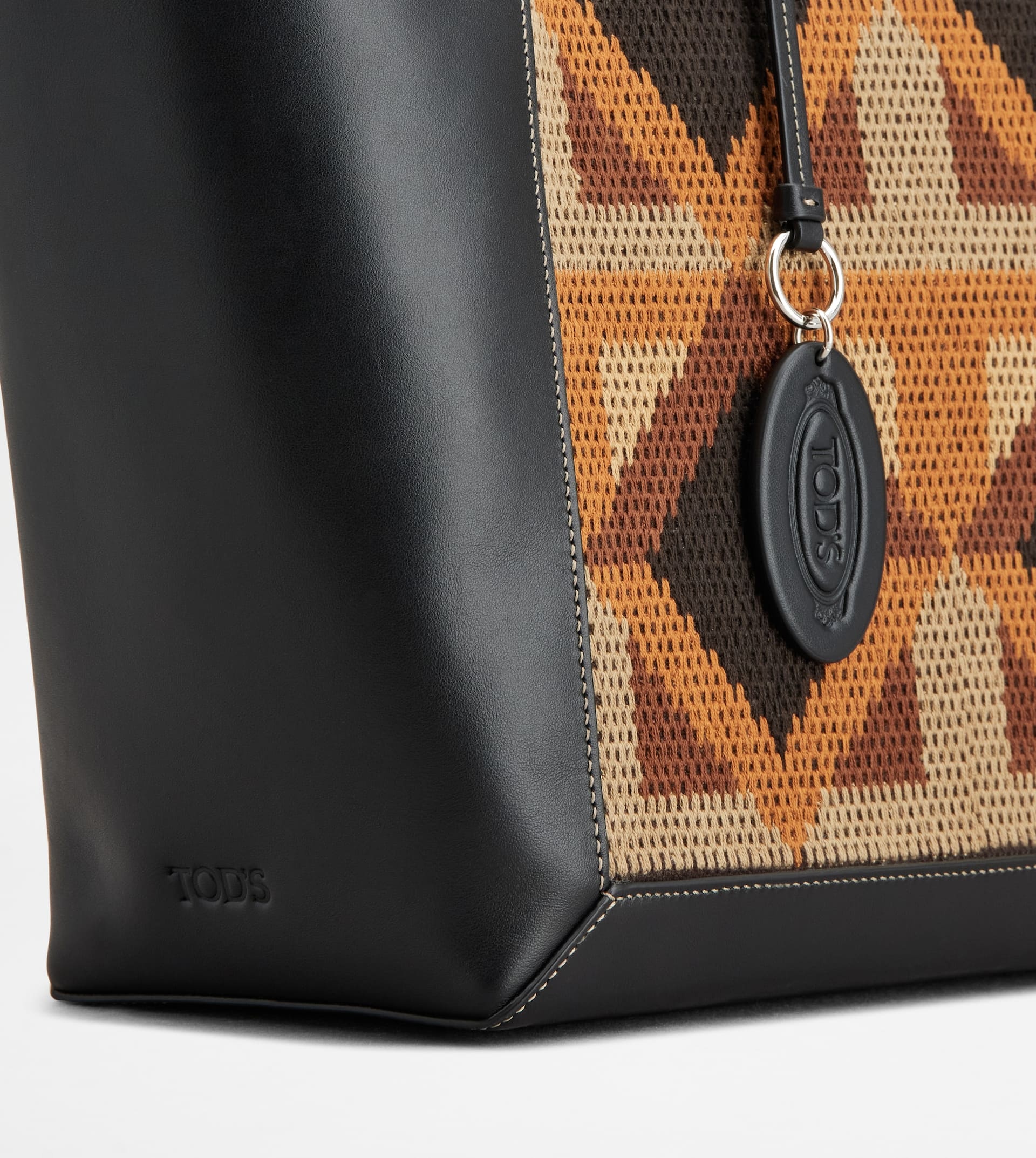 TOD'S DOUBLE UP SHOPPING BAG IN LEATHER AND FABRIC MEDIUM - BLACK, BEIGE, ORANGE - 8