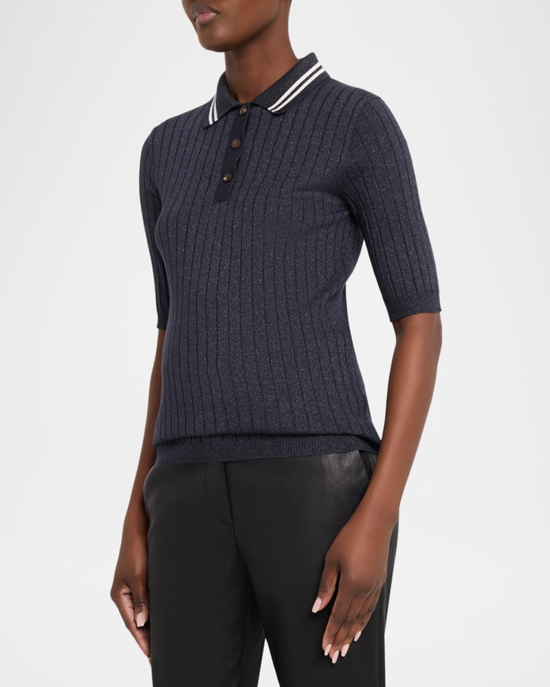 Shimmering Cashmere Rib Short-Sleeve Polo Sweater 4