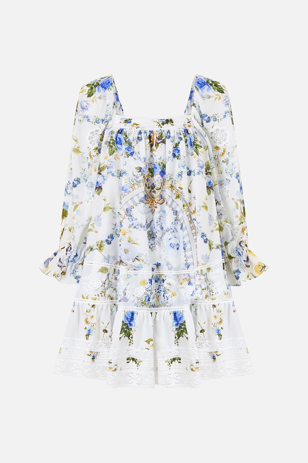 SQUARE NECK SHORT DRESS WITH PINTUCKS DANDELION SKIES - 1