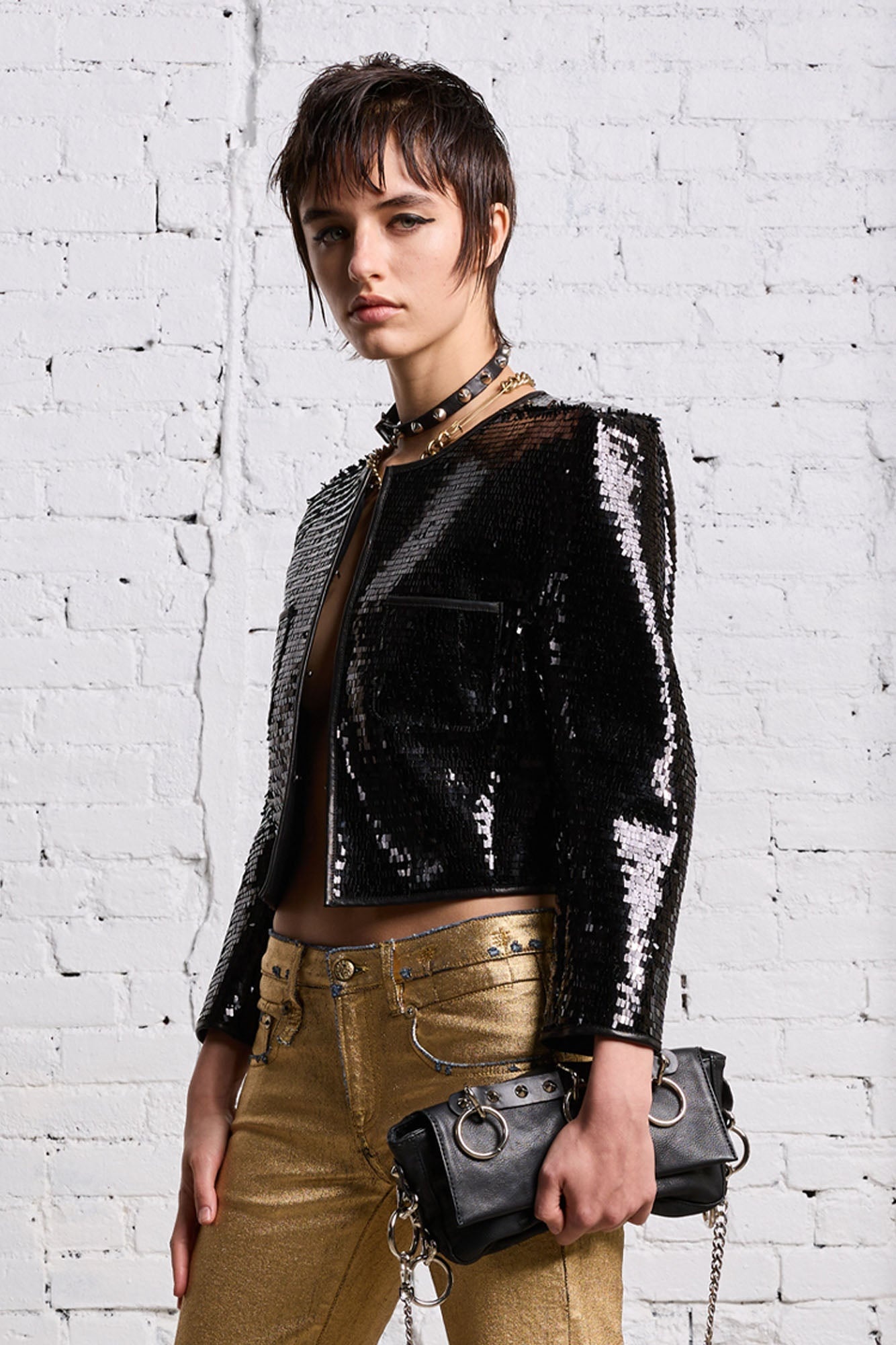 SQUARE SHOULDER SEQUIN JACKET - BLACK - 2