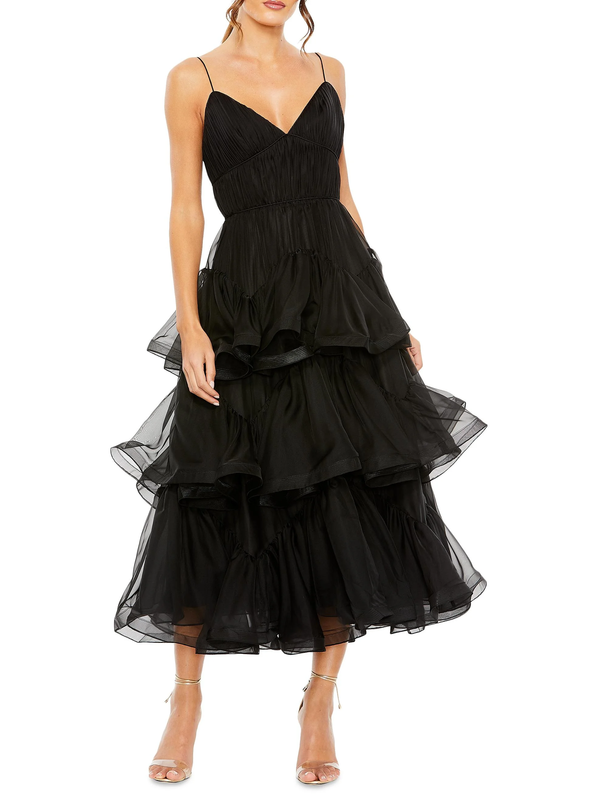 Women's Tiered Ruffled Tulle Midi-Dress - Black - 1