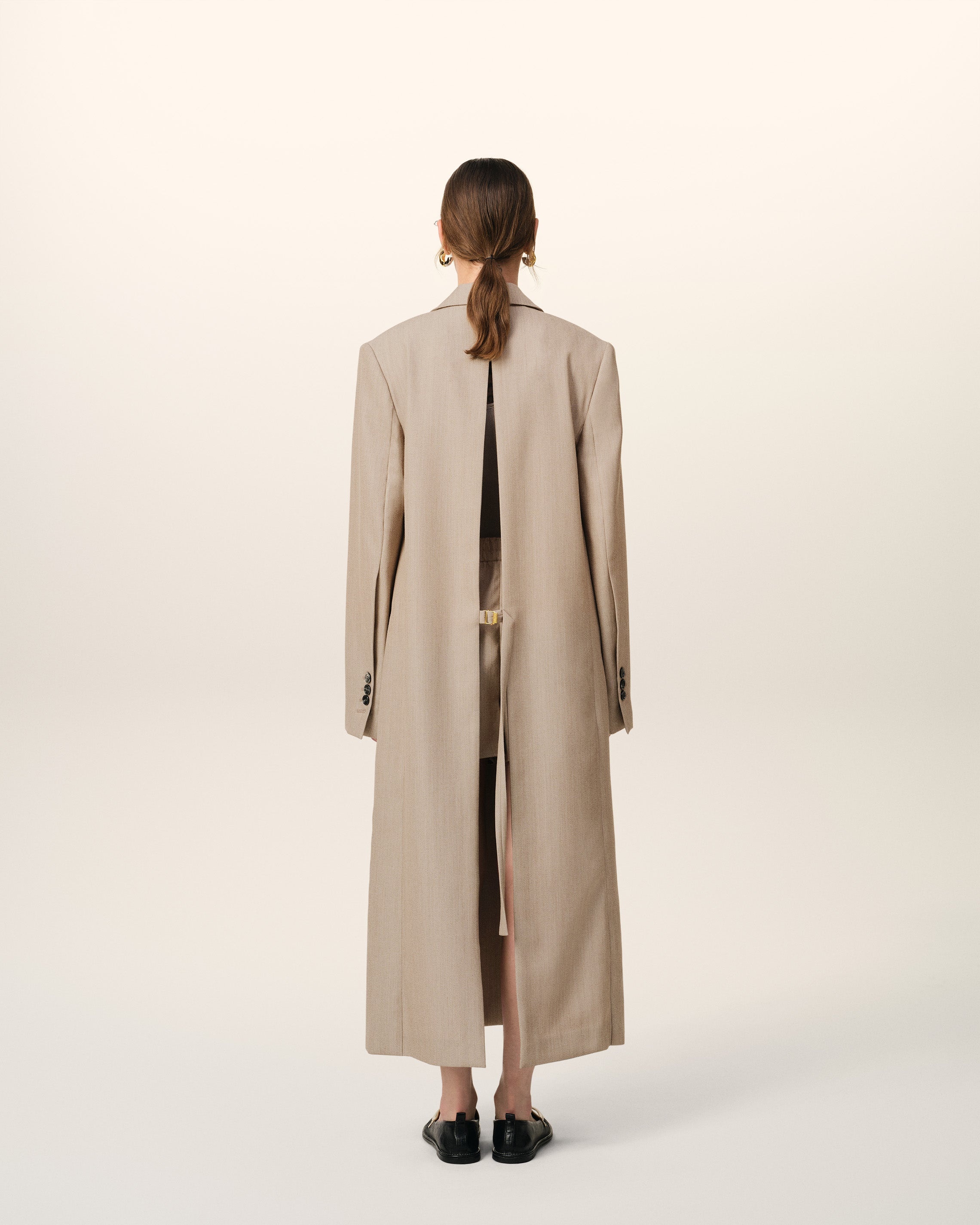 BEIGE WOOL BACK SLIT LONG COAT - 5