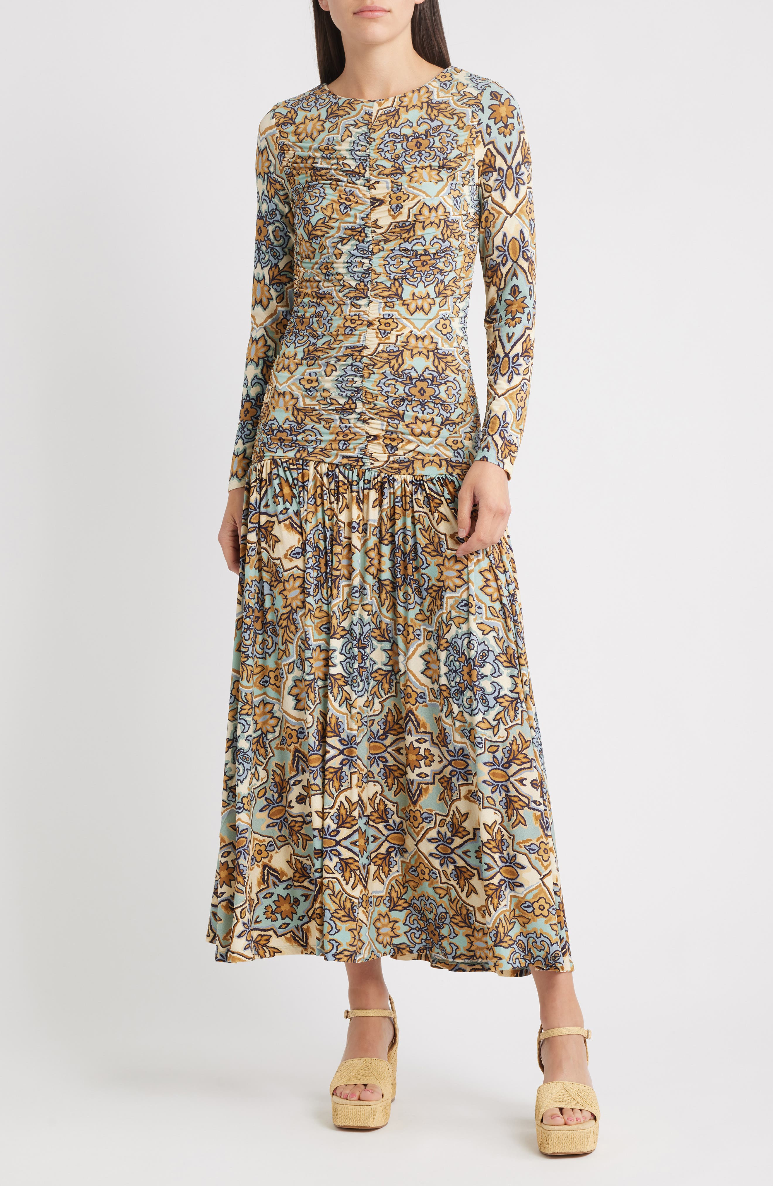 FARM Rio Winter Tapestry Long Sleeve A-Line Dress in Blue at Nordstrom - 1
