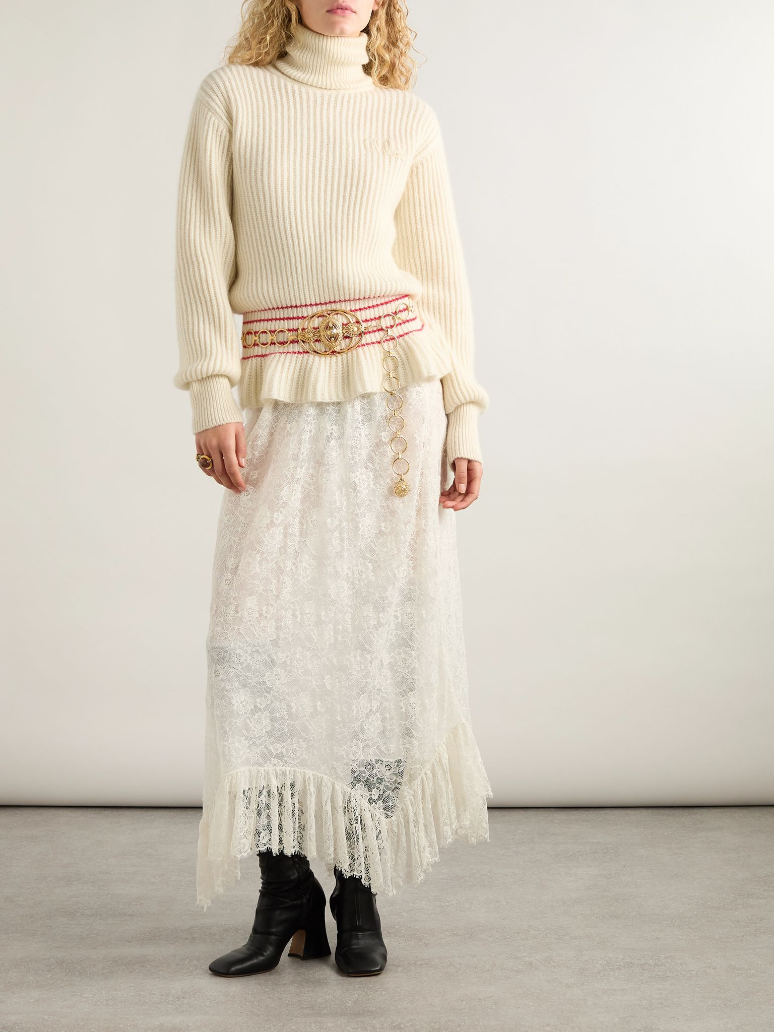 Turtleneck striped ribbed wool and mohair-blend peplum sweater Cream - 2