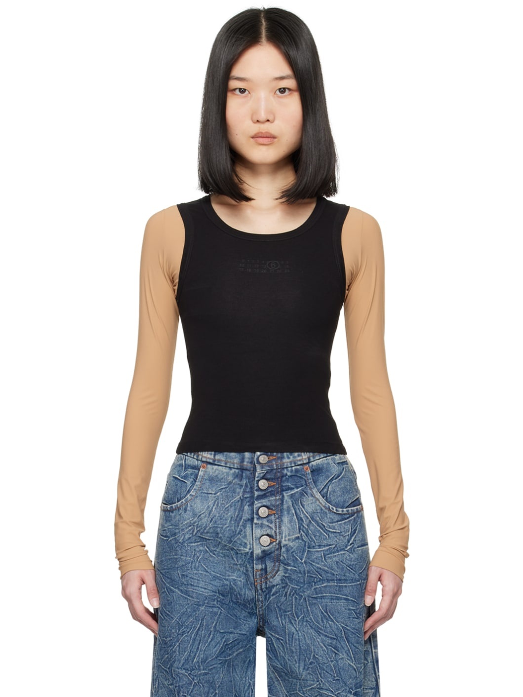 Black & Beige Paneled Long Sleeve T-Shirt - 1