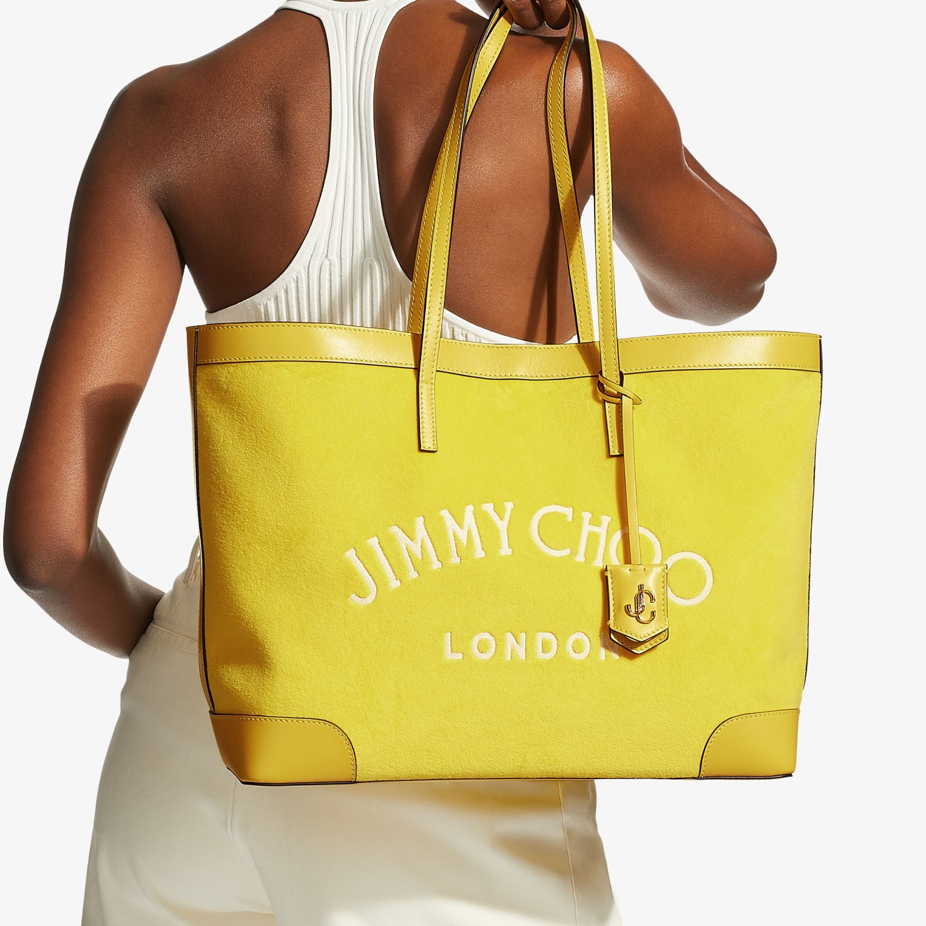 JIMMY CHOO Nine2Five E/W Yellow Towelling Fabric Logo Tote Bag | REVERSIBLE