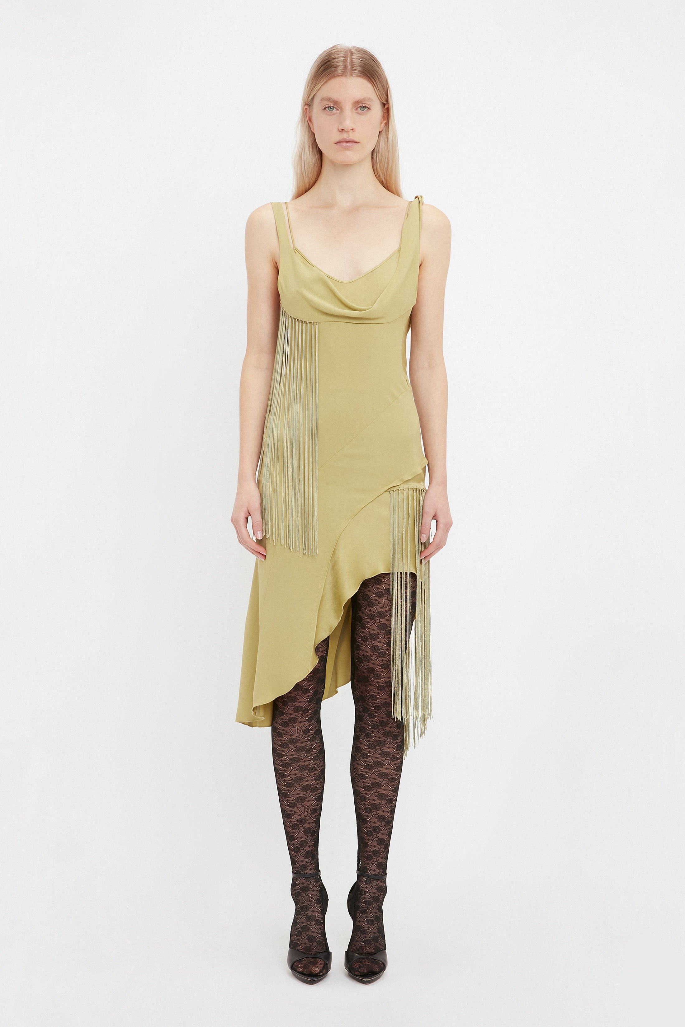 Victoria Beckham Asymmetric Fringe Mini Dress In Pear Green | REVERSIBLE