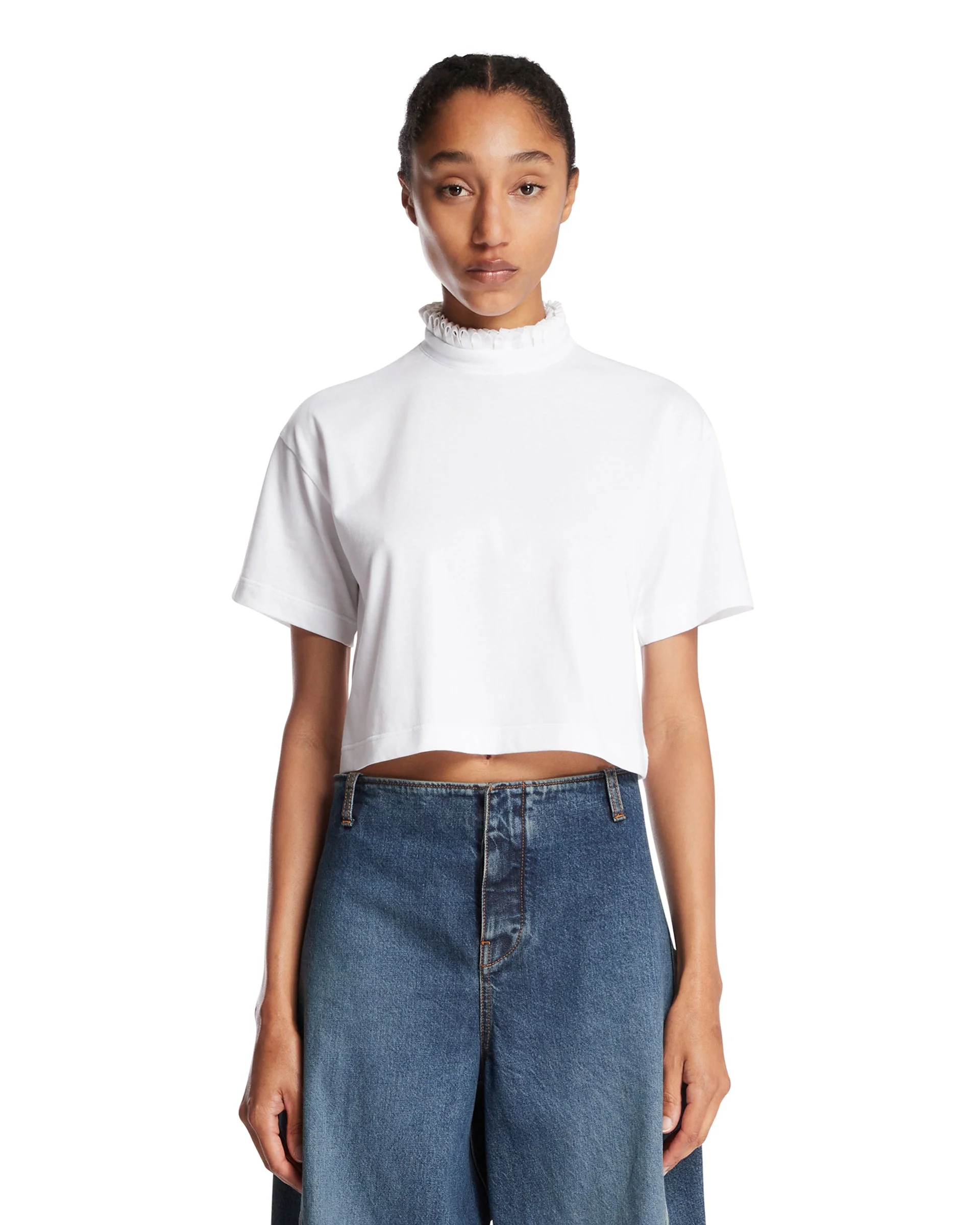 White Cotton Jersey Cropped T-Shirt - 1