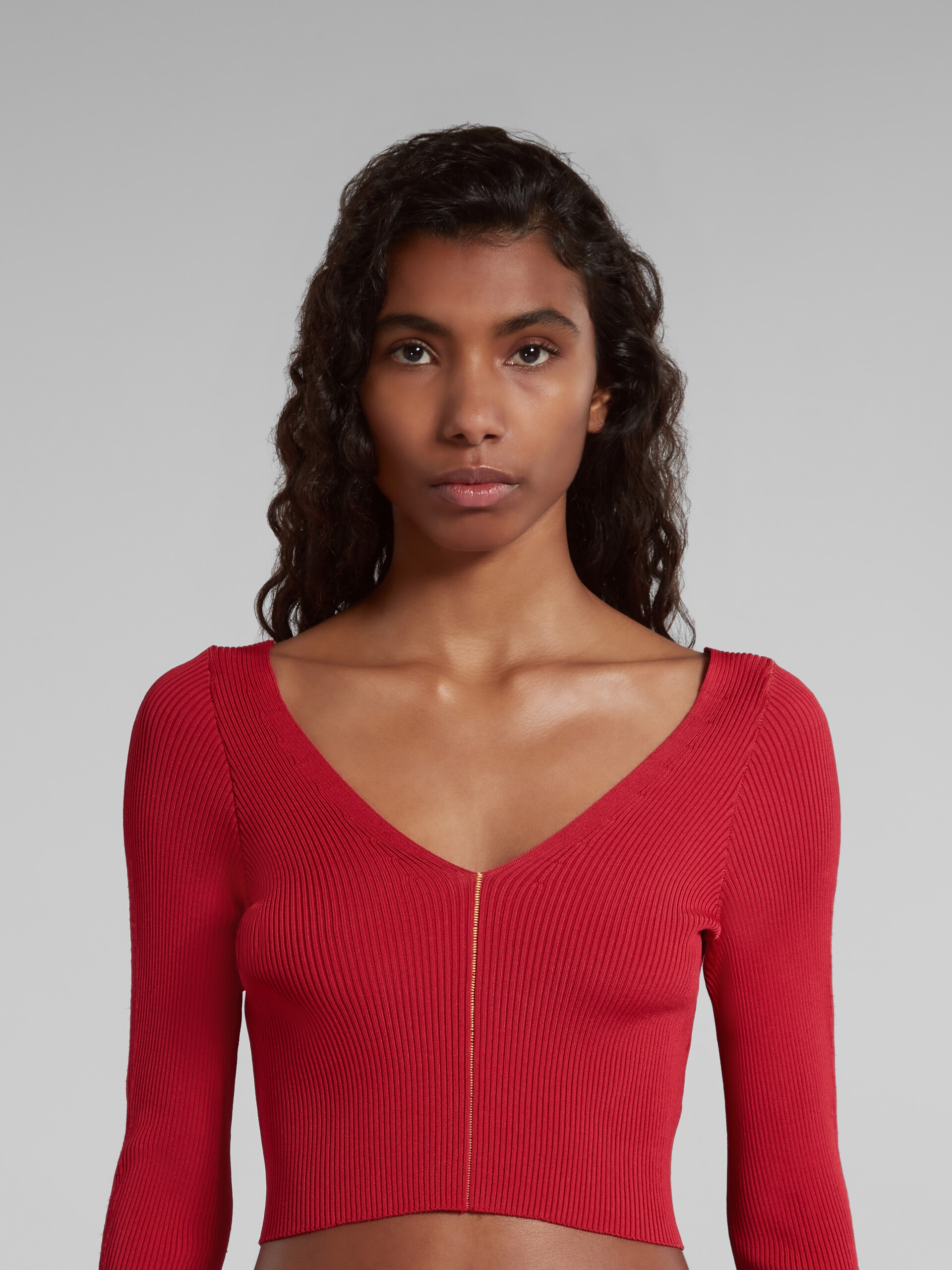 RED RIBBED JUMPER WITH V-NECK - 4