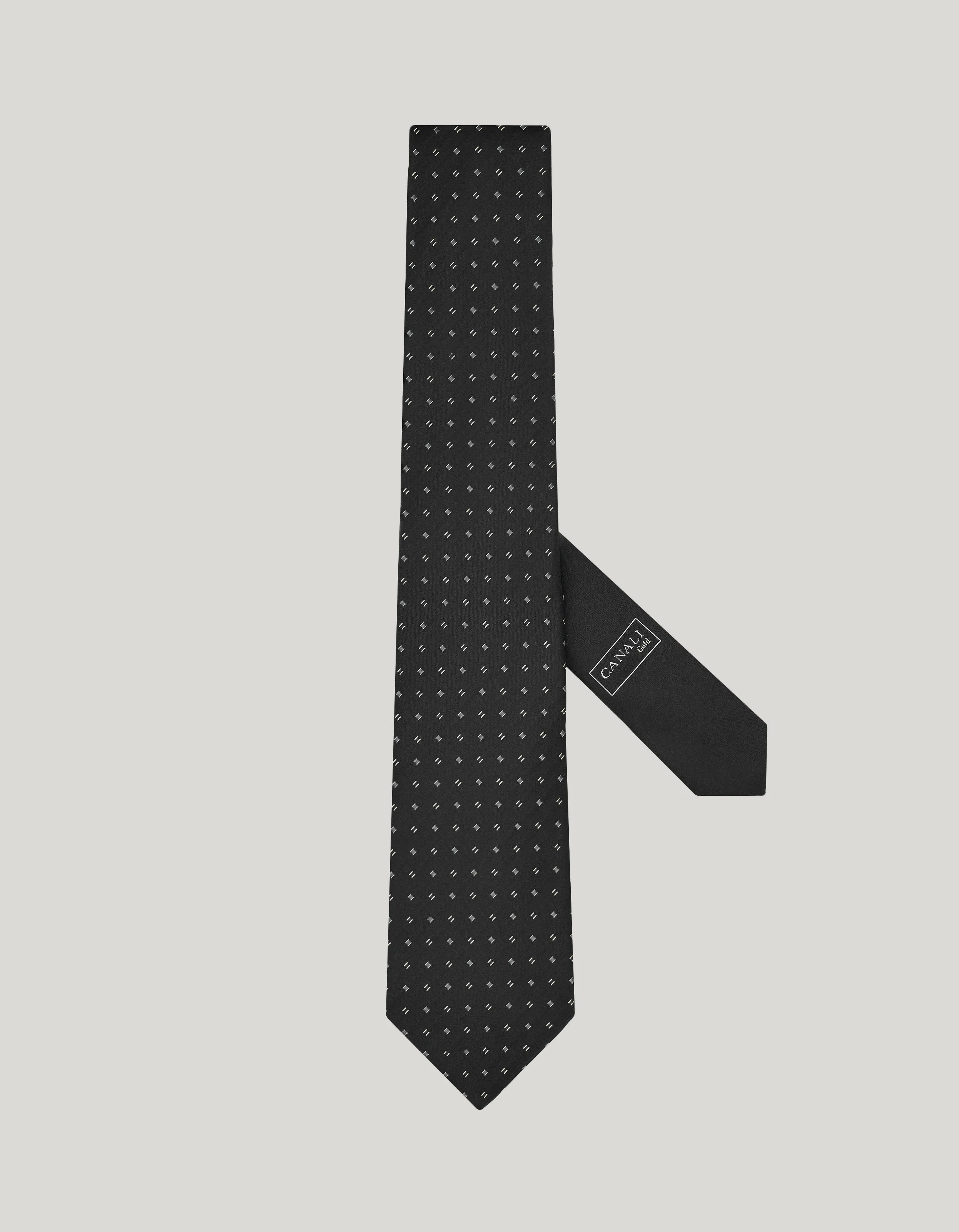 BLACK SILK TIE, PATTERN AND LOGO JACQUARD WITH GOLD THREAD - 1