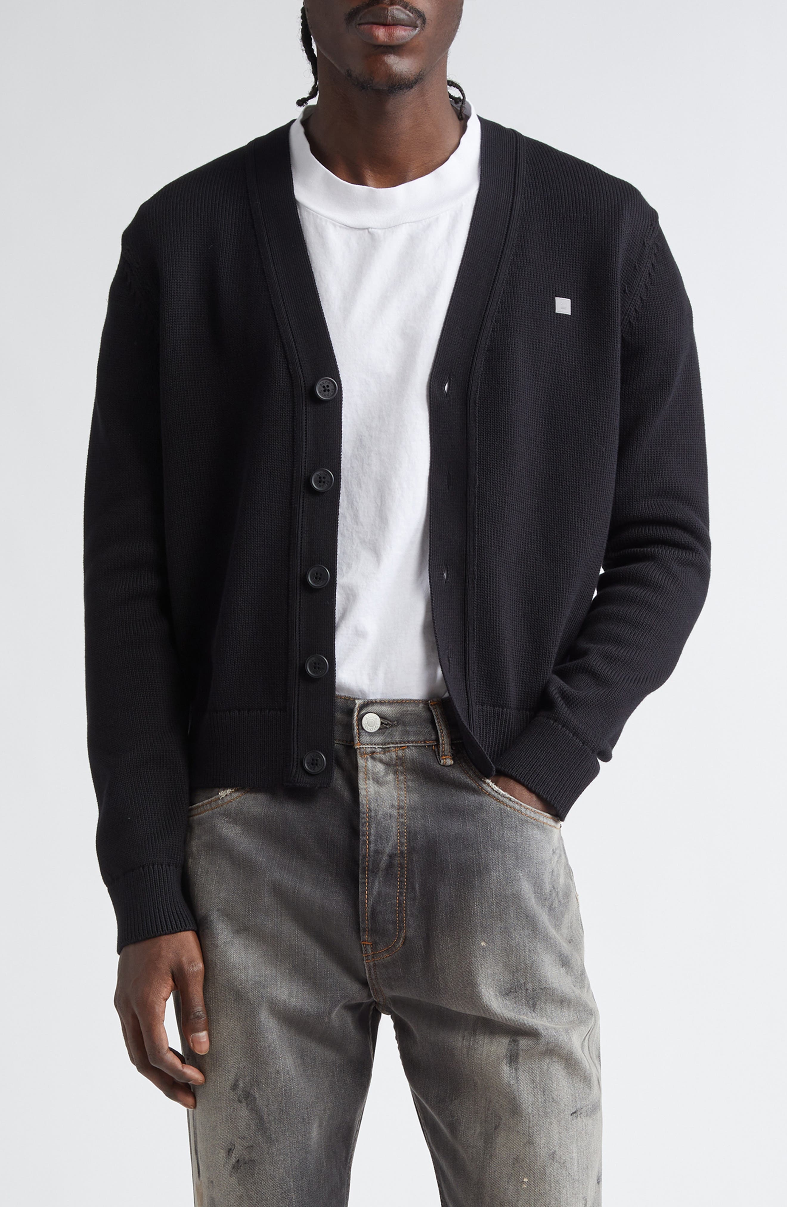 Acne Studios Keven Face Patch Cotton V-Neck Cardigan in Black at Nordstrom - 1