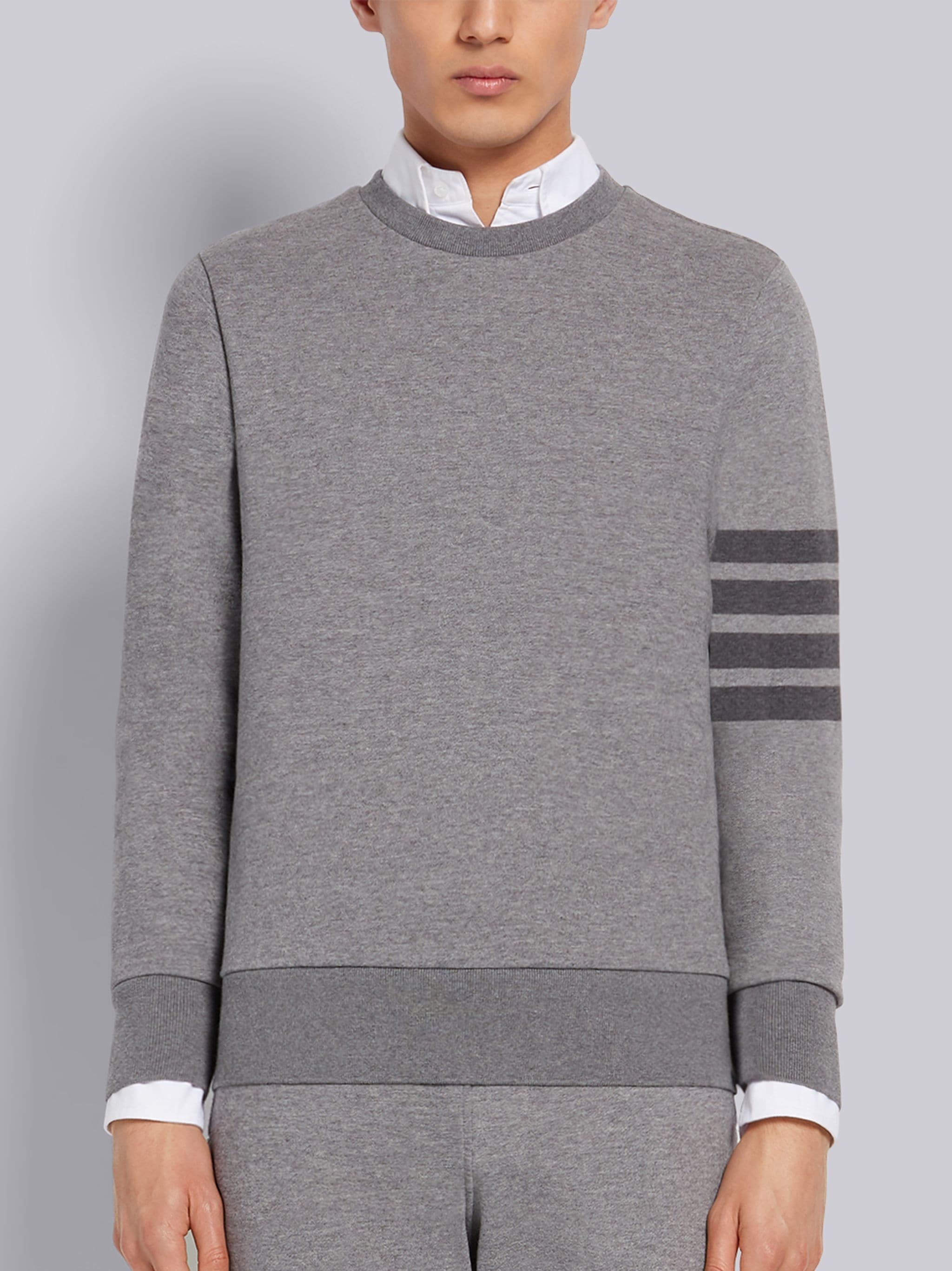 Medium Grey Cotton Loopback Relaxed Fit Tonal 4-Bar Crewneck Sweatshirt - 1