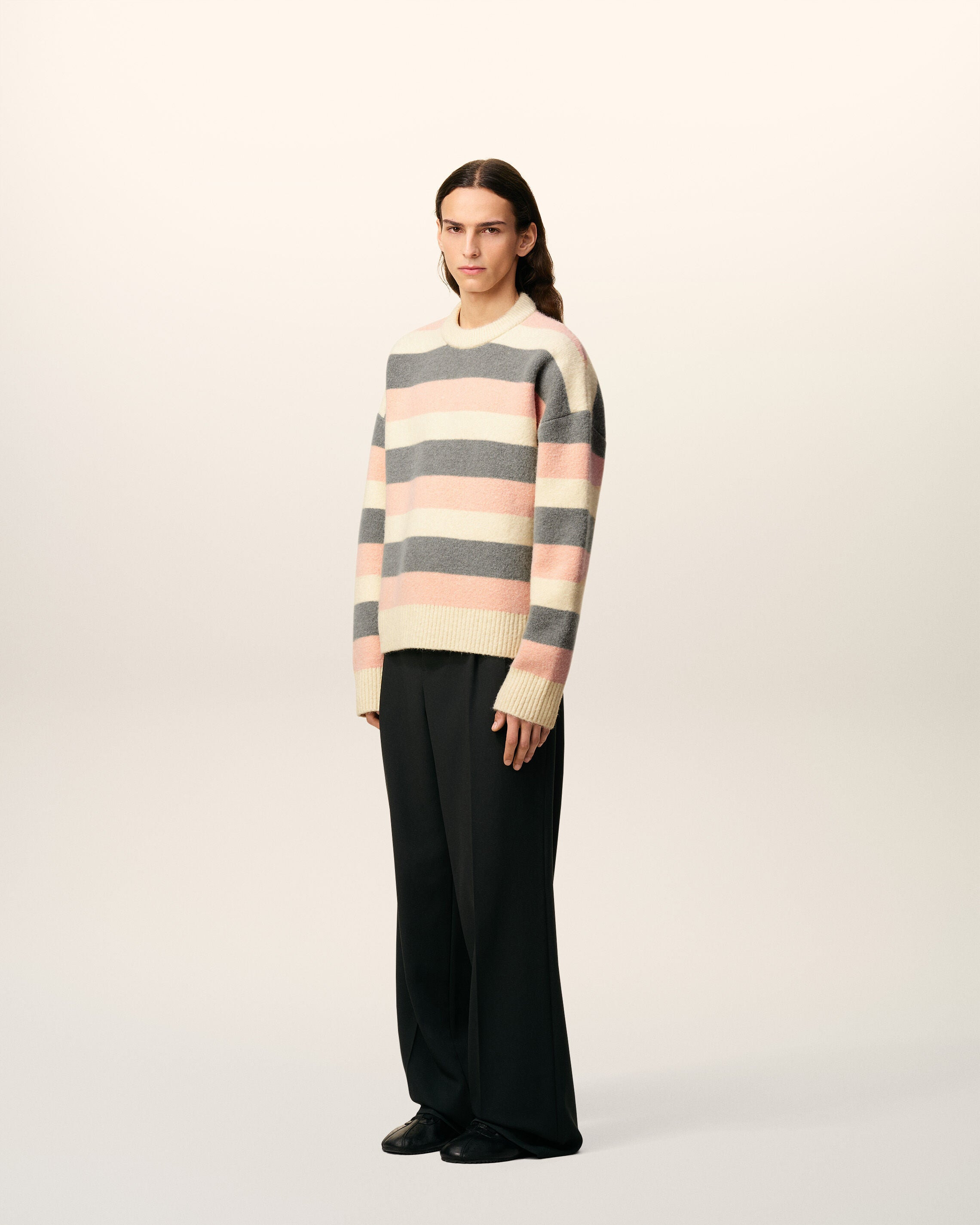 GREY ALPACA STRIPED CREWNECK SWEATER - 6