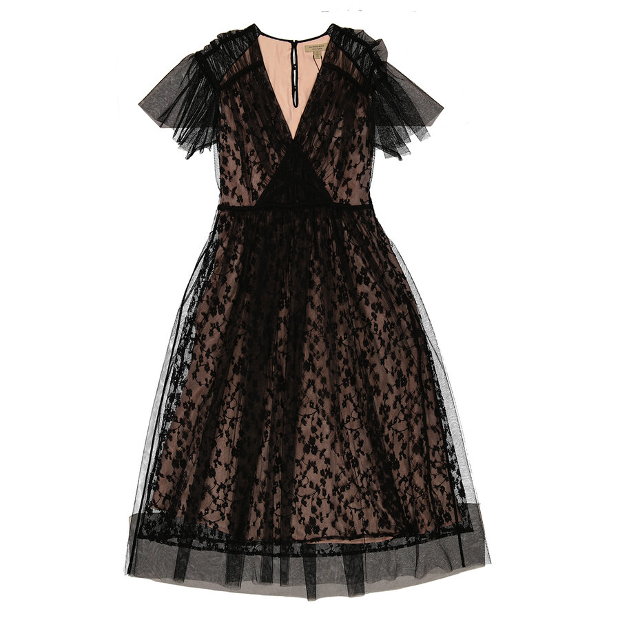 Burberry Ruffled Hem Embroidered Tulle Dress In Black - 2