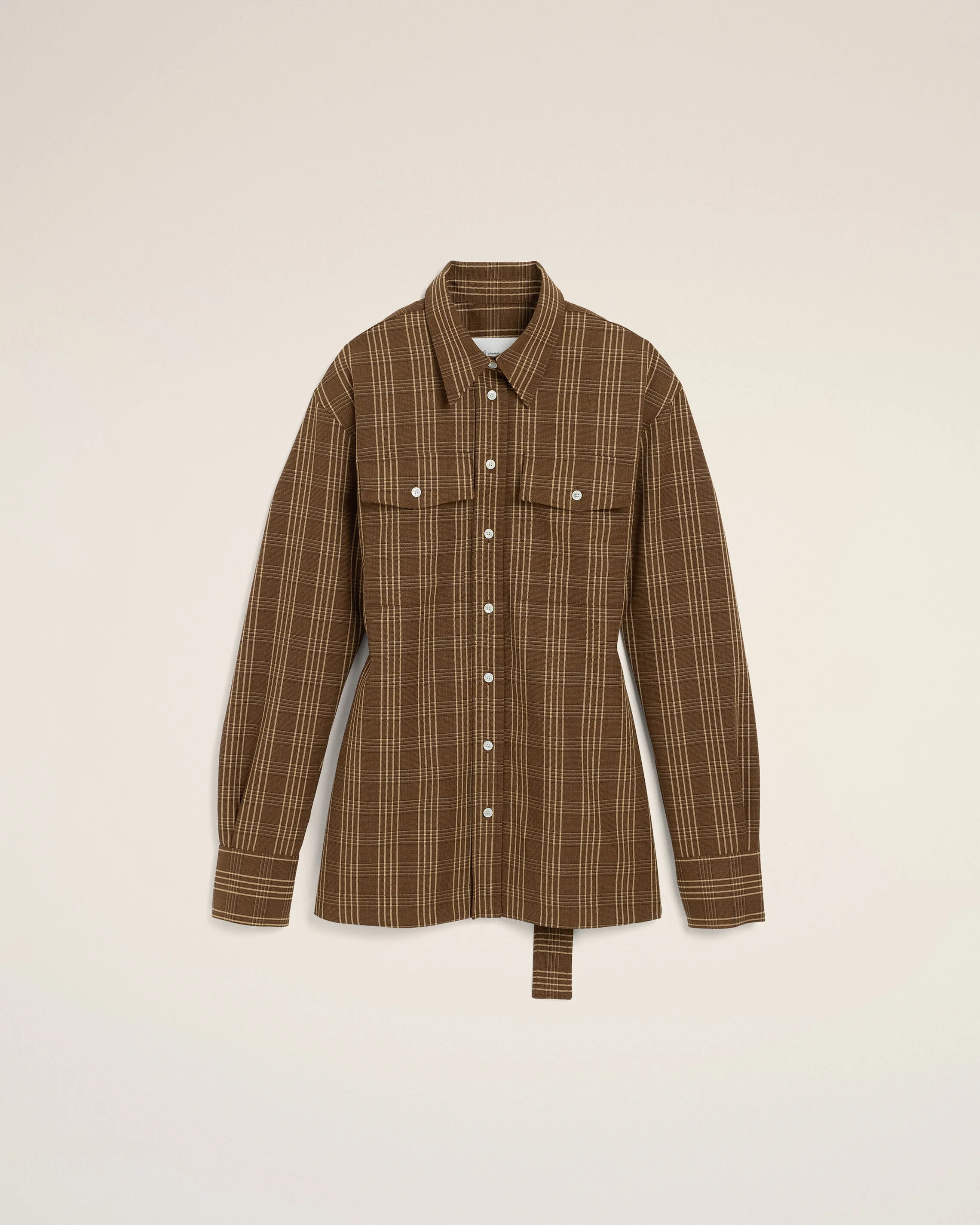 BROWN FITTED CHECKERED WOOL SHIRT - 1