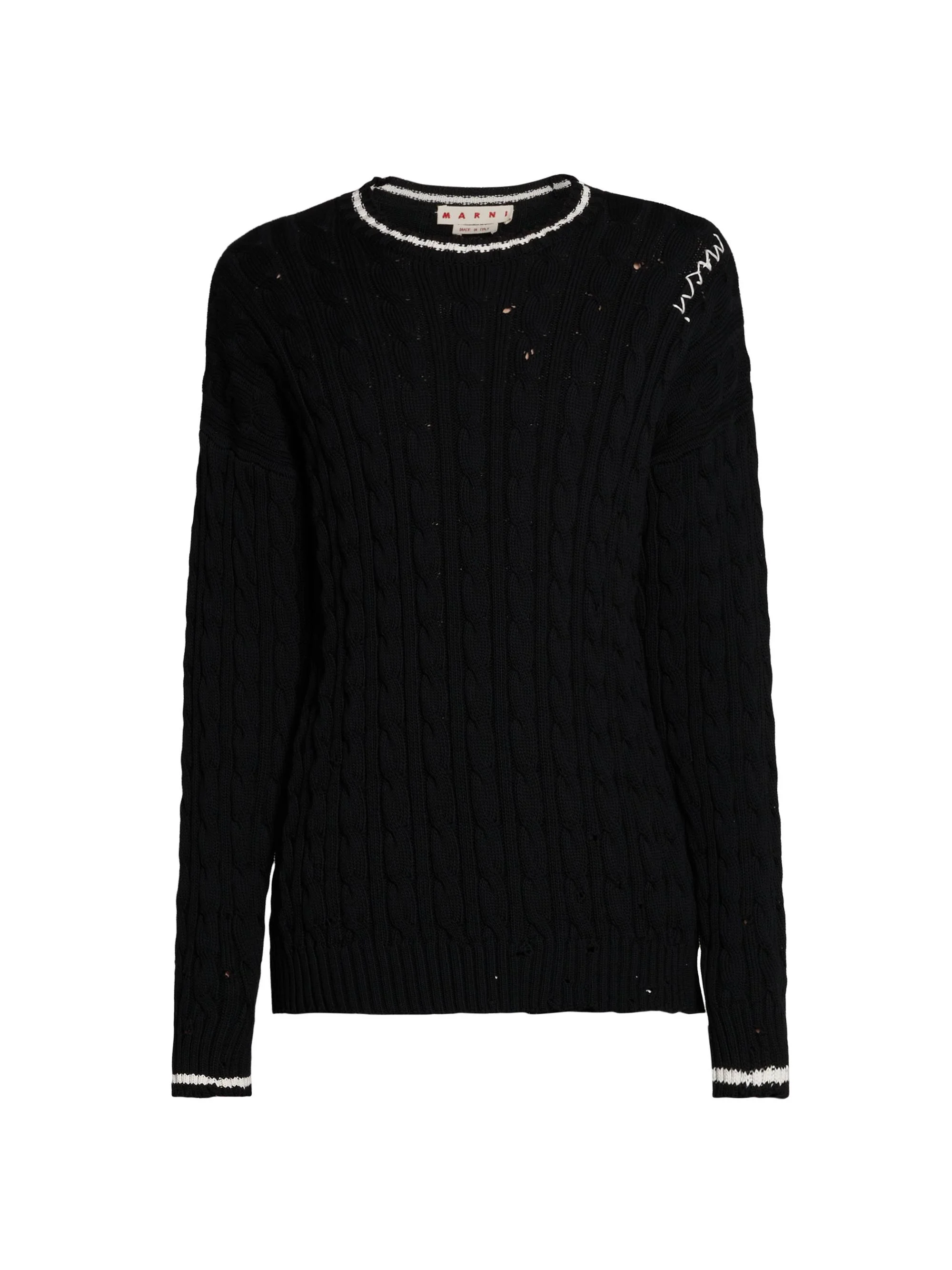 Men's Distressed Cable-Knit Cotton Sweater - Black - 1
