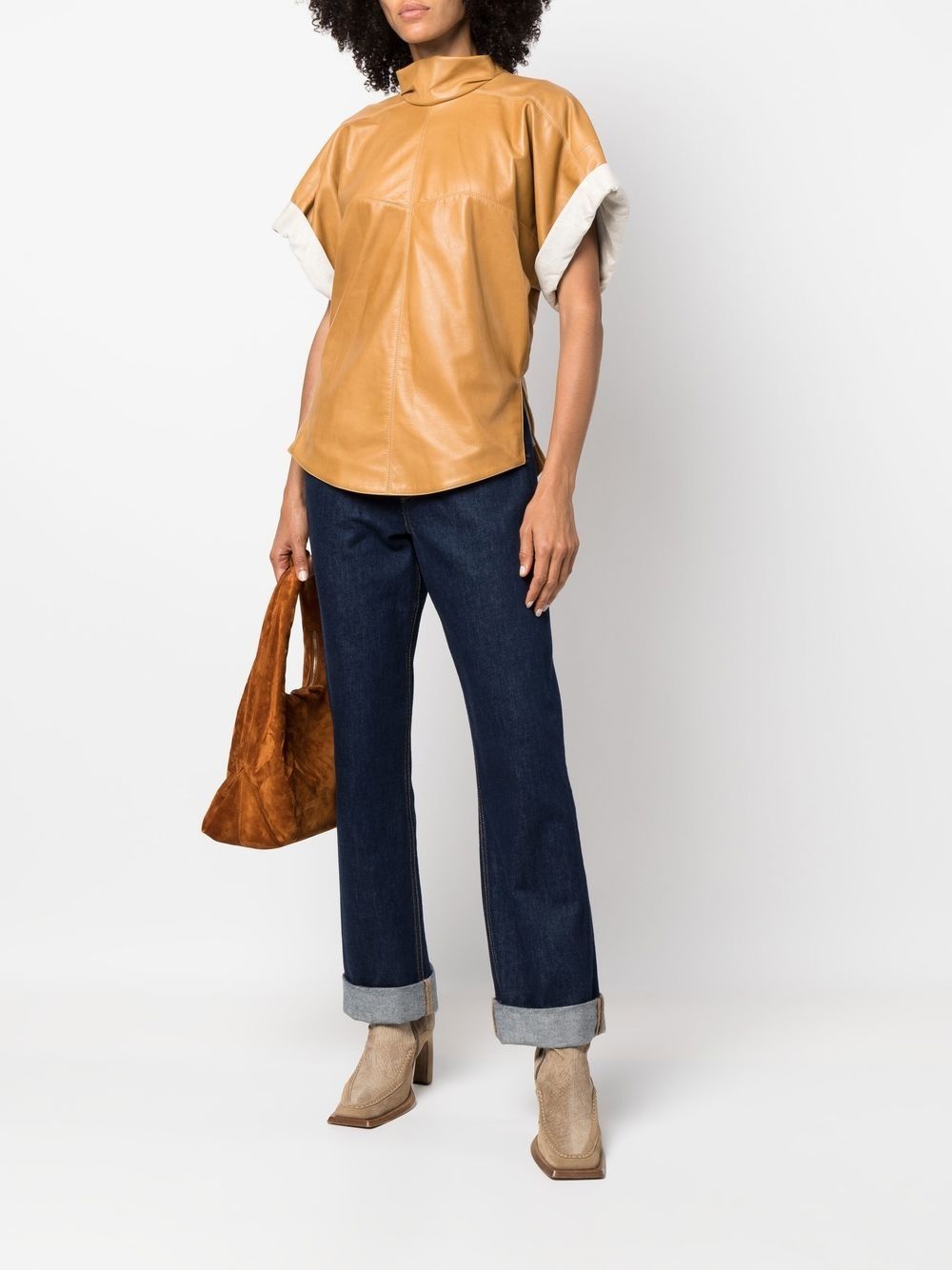 Baiao roll-sleeve leather top - 2