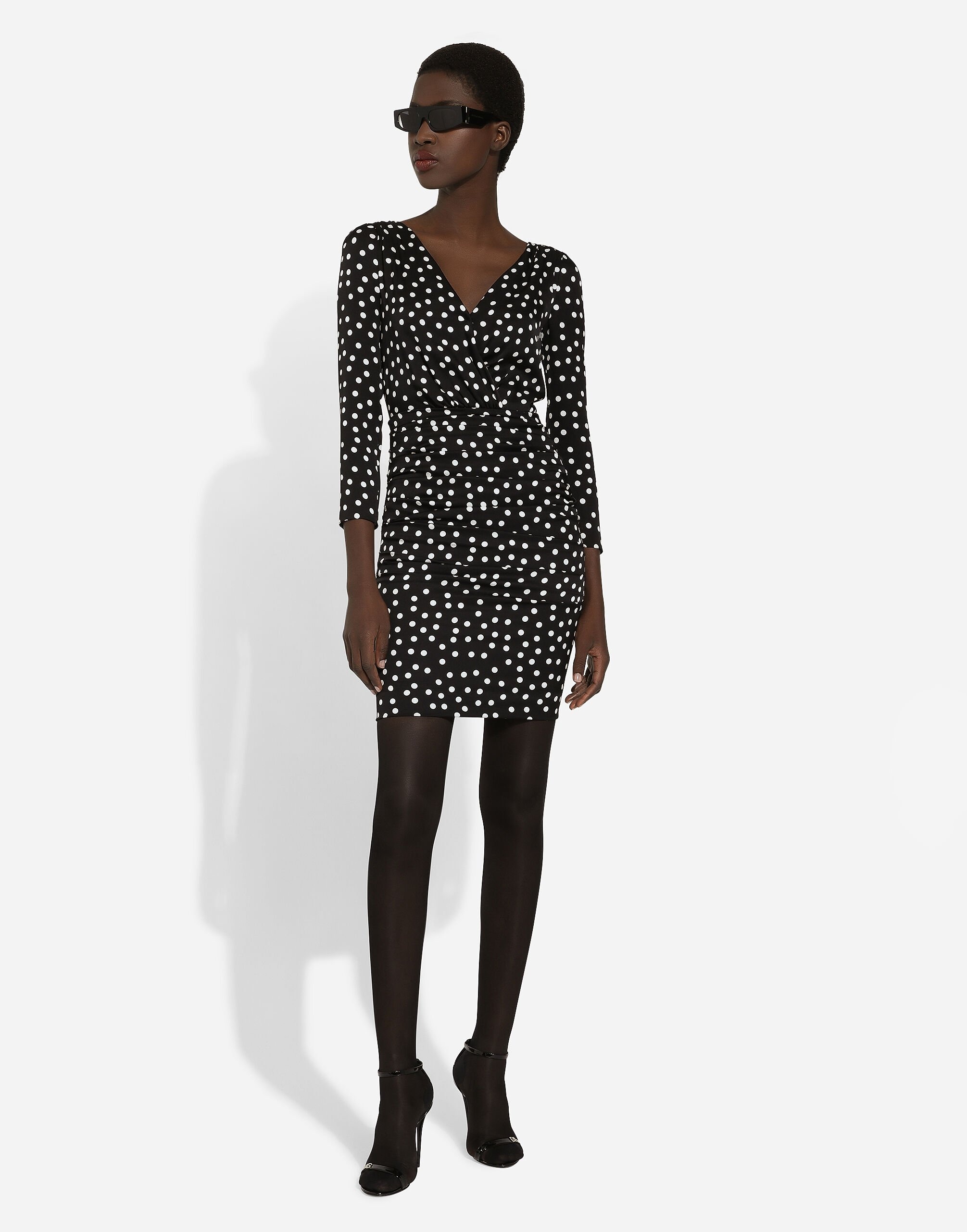 Short charmeuse dress with draped detailing and micro polka-dot print - 2