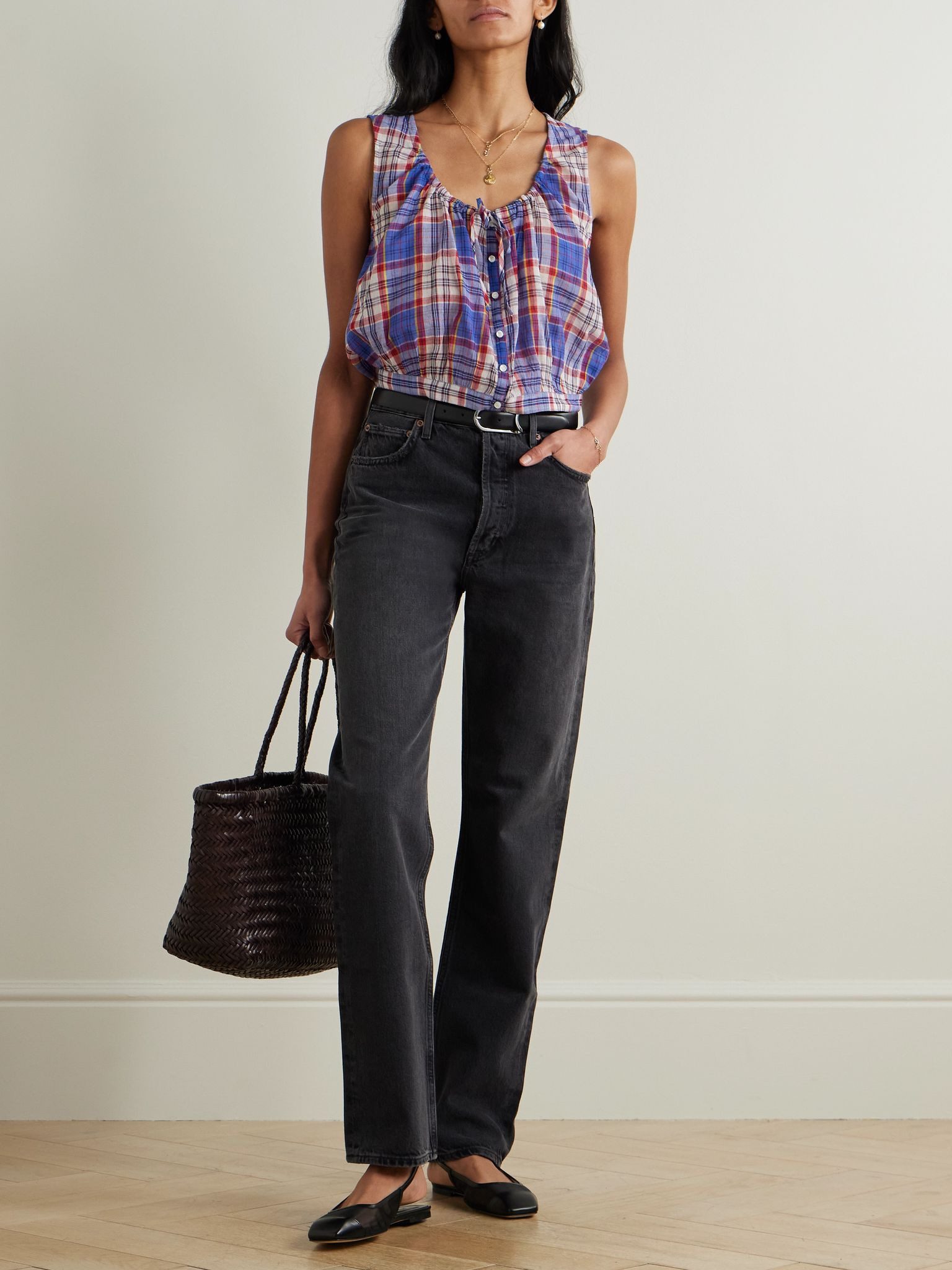 Theo tie-neck checked cotton-voile top Blue - 2