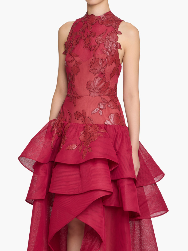 LEATHER GUIPURE HIGH NECK SLEEVELESS TIERED GOWN 4