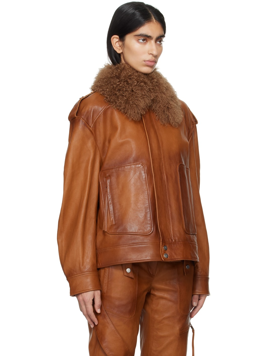 Brown Detachable Collar Leather Jacket - 2