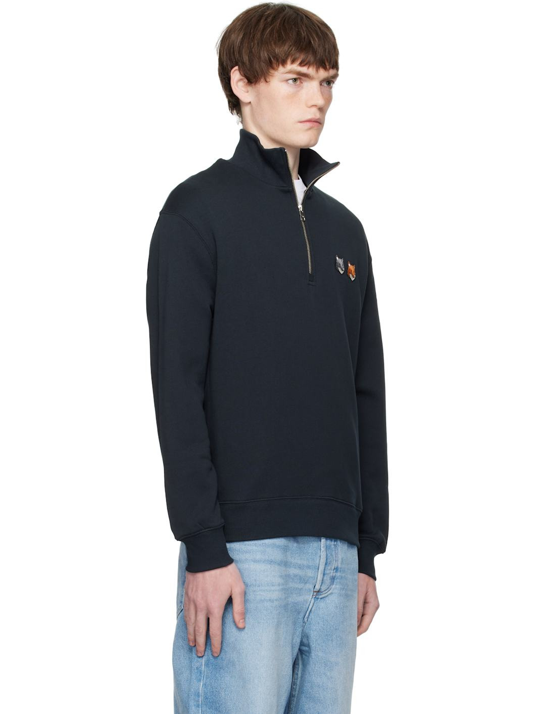 Navy Double Bold Fox Head Half Zip Comfort Sweatshirt - 2
