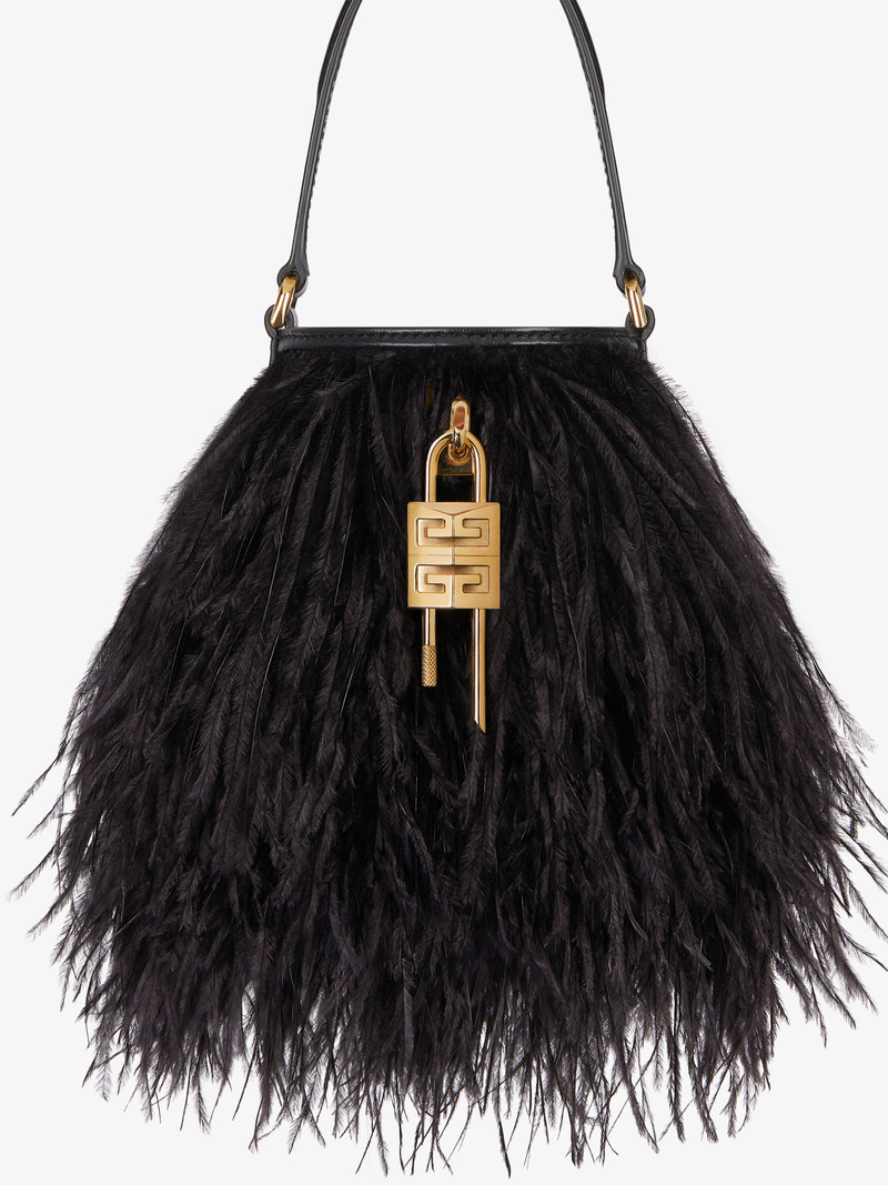 MICRO SHARK LOCK BUCKET BAG IN SATIN WITH FEATHERS 7