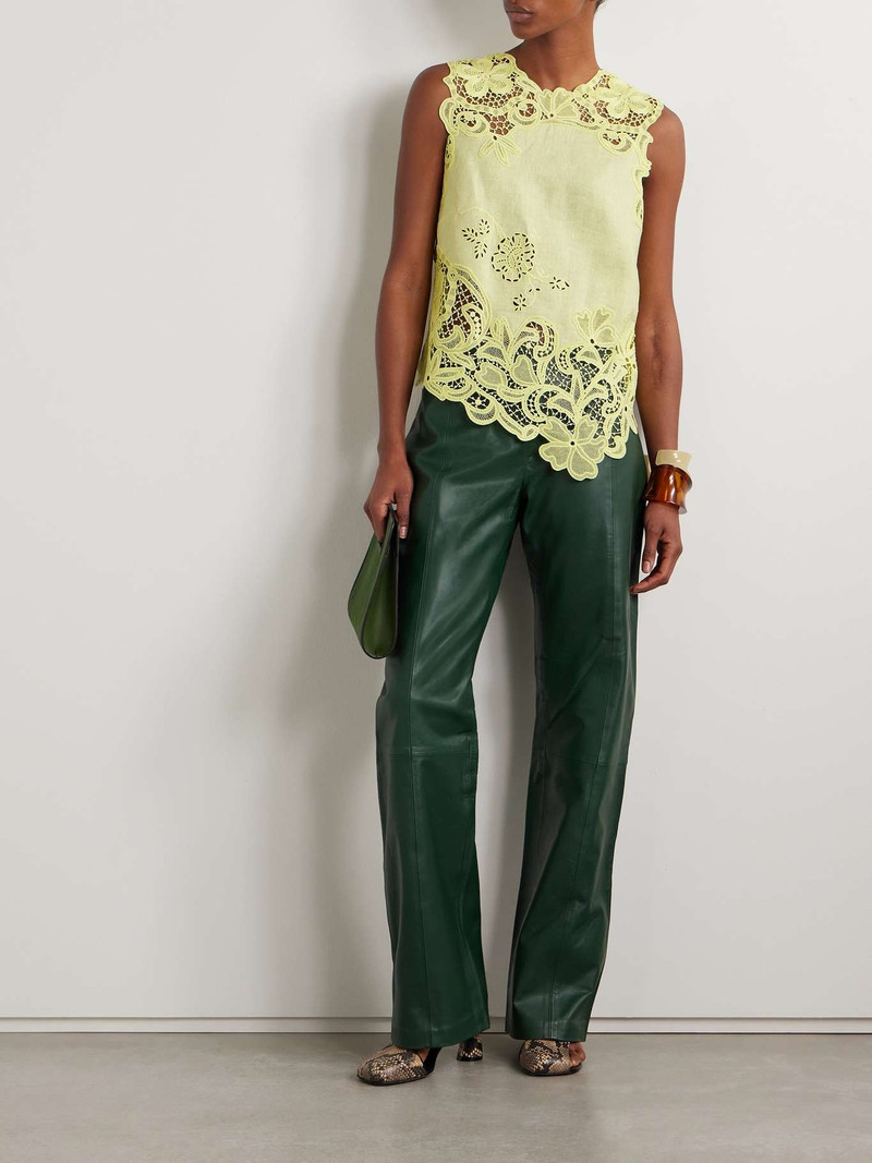 ULLA JOHNSON Marlis guipure lace-paneled linen top Chartreuse outlook