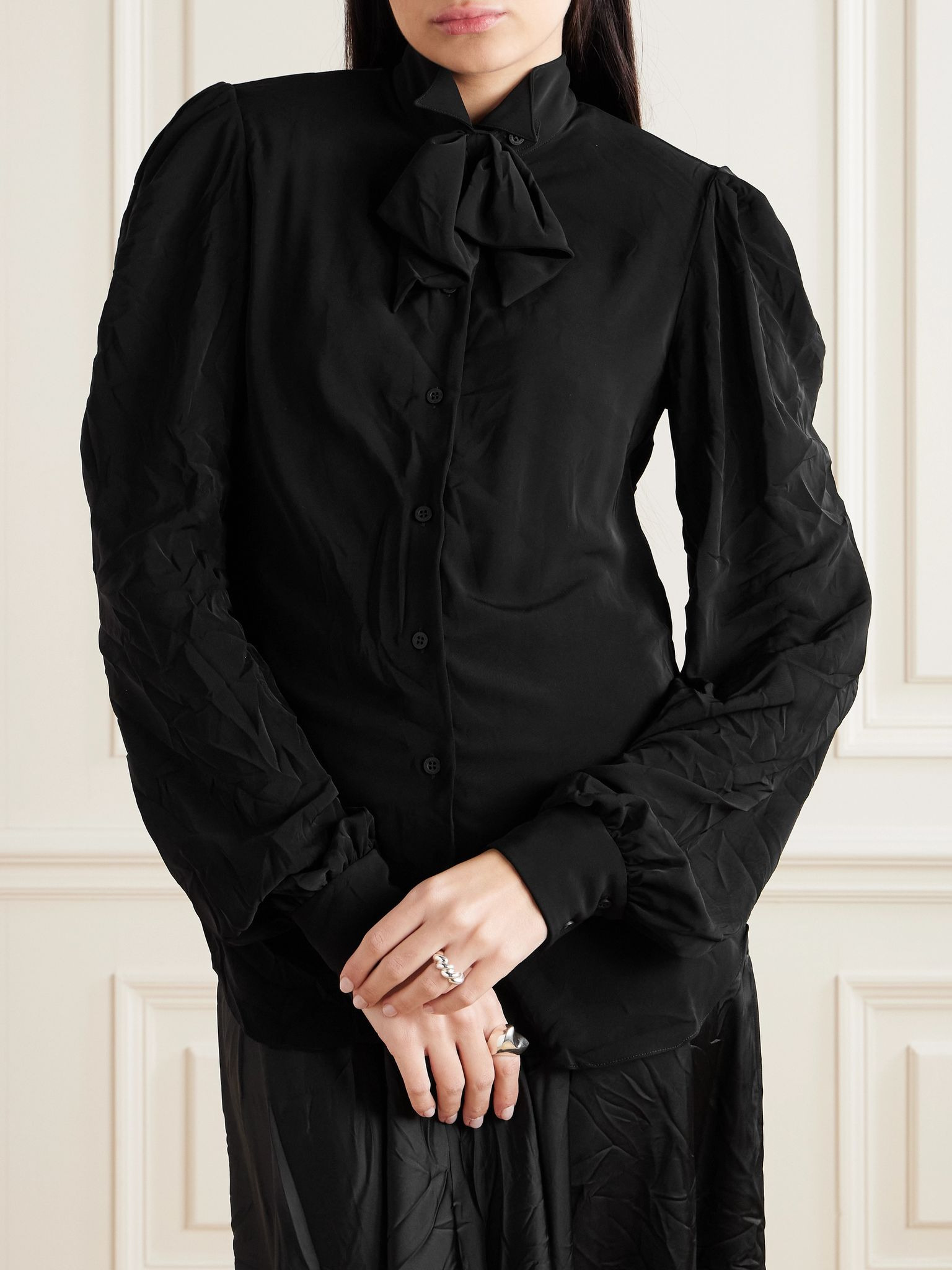 Pussy-bow crinkled-jersey shirt Black - 3