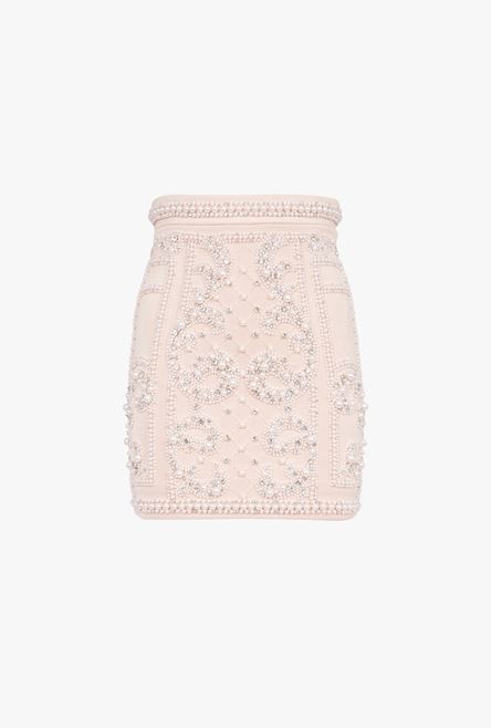 Short embroidered light nude high-waisted skirt - 1