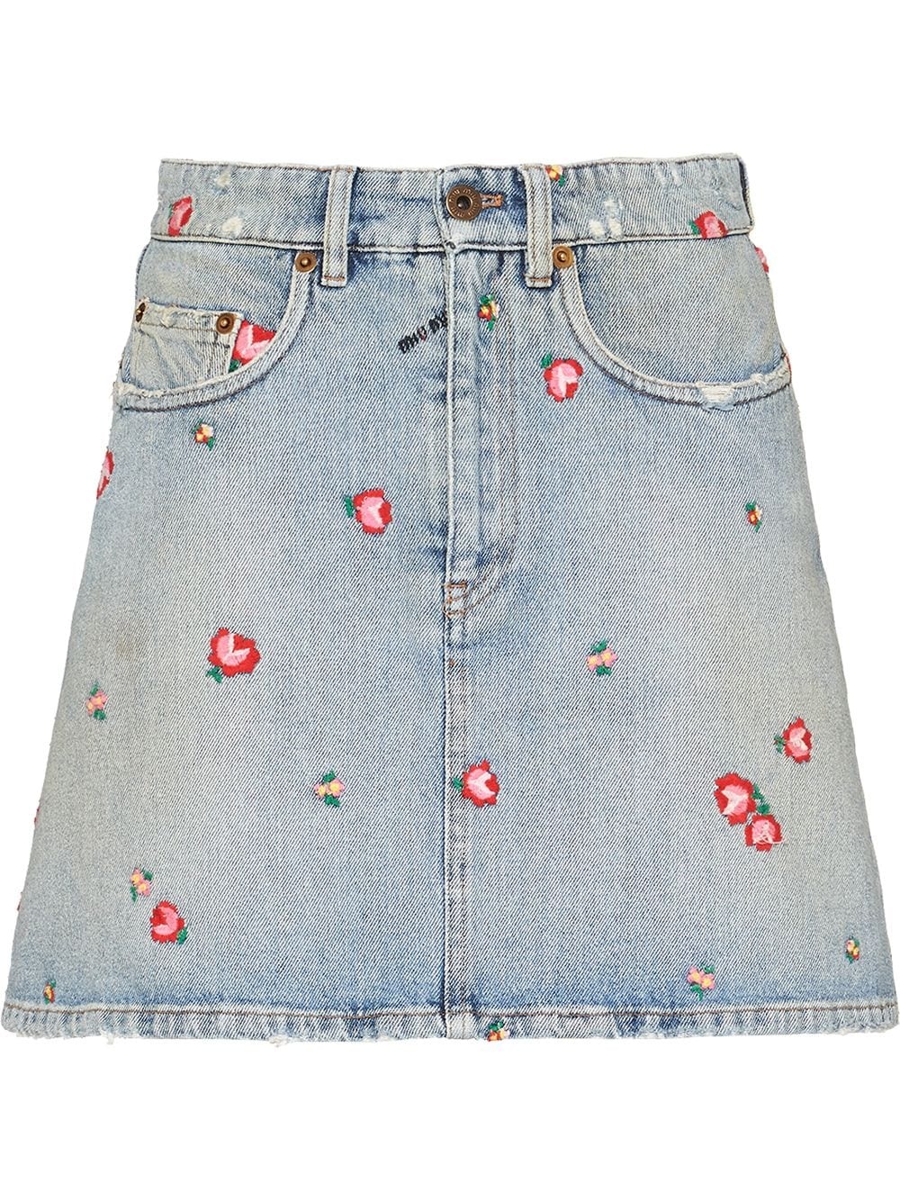 floral-embroidered denim skirt - 1