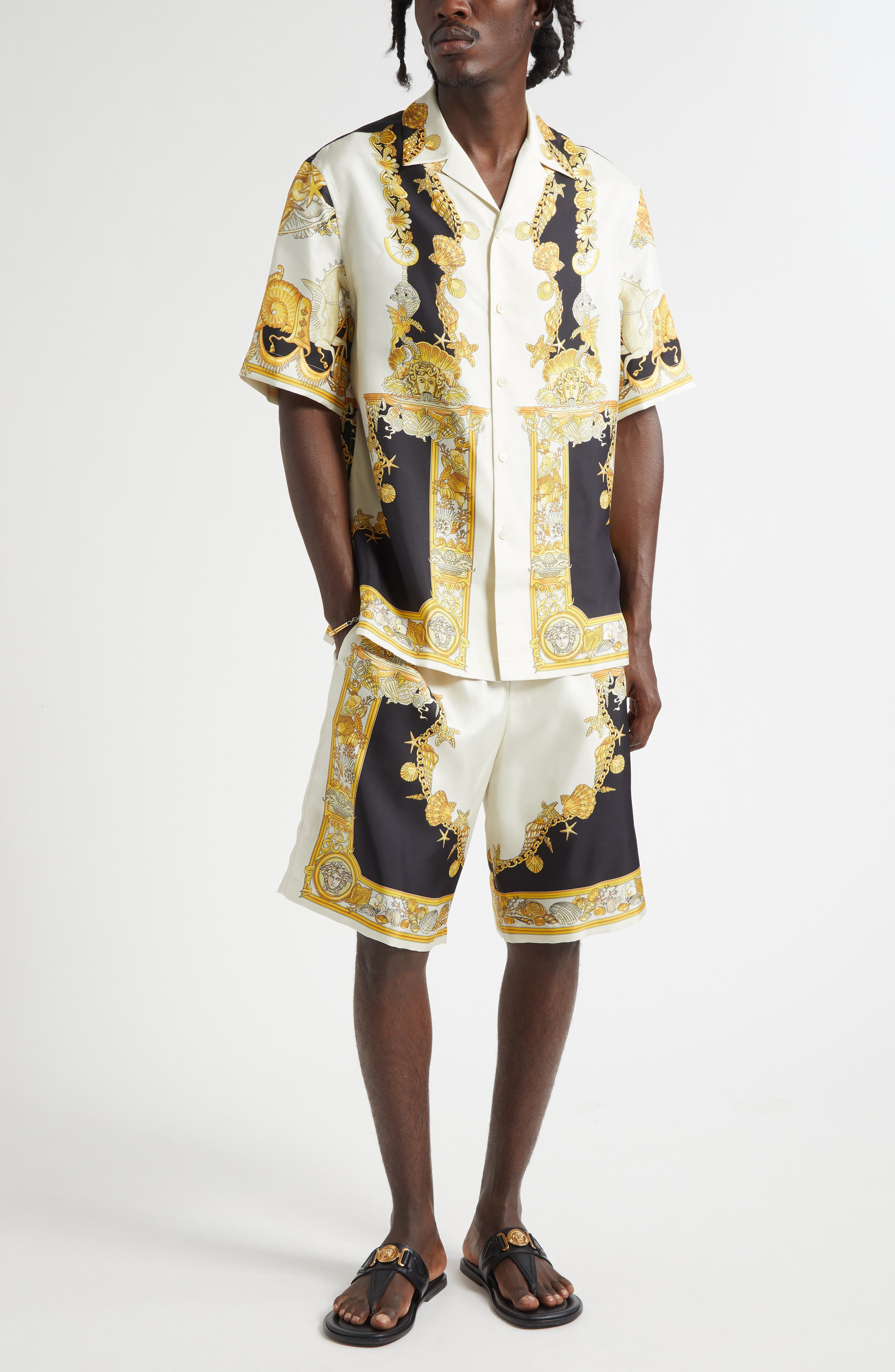 Versace Coral Theatre Silk Shorts in Ivory Black Gold at Nordstrom - 7