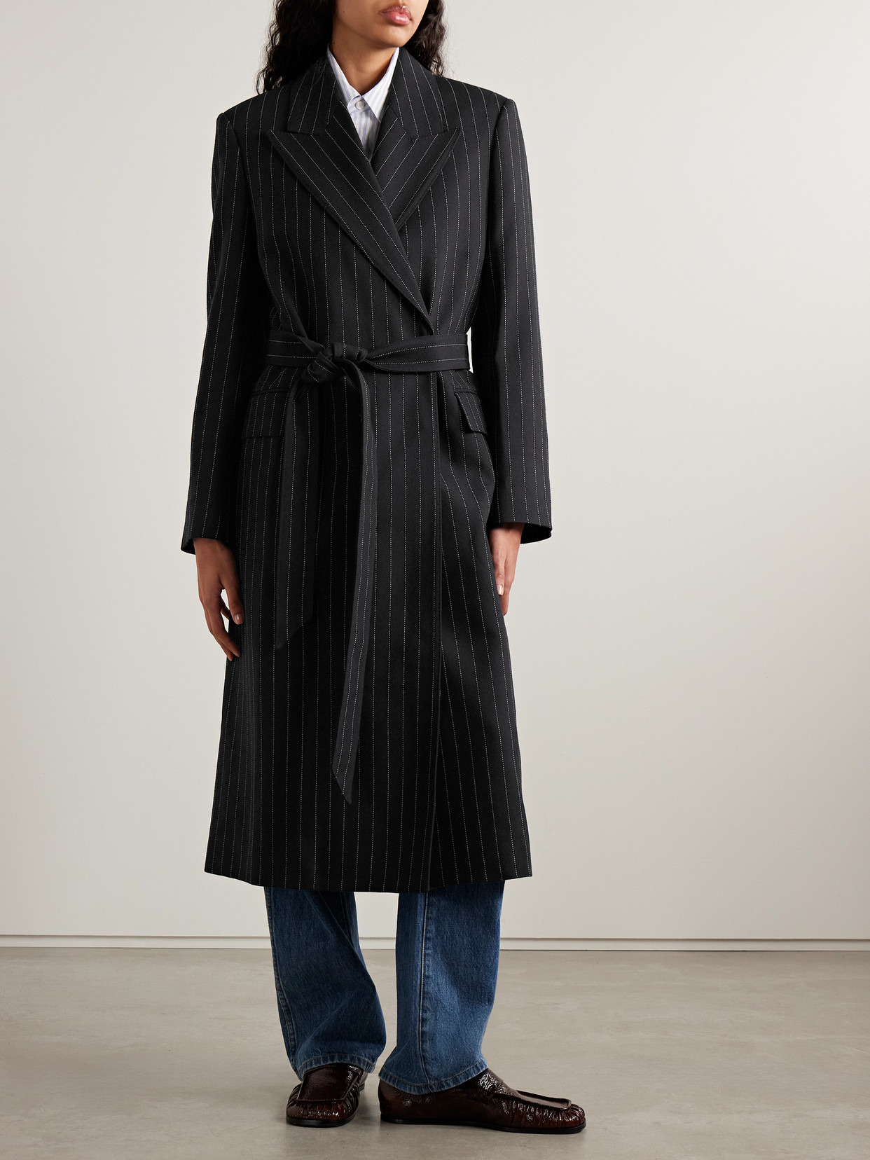 Belted Pinstriped Wool Coat - 4