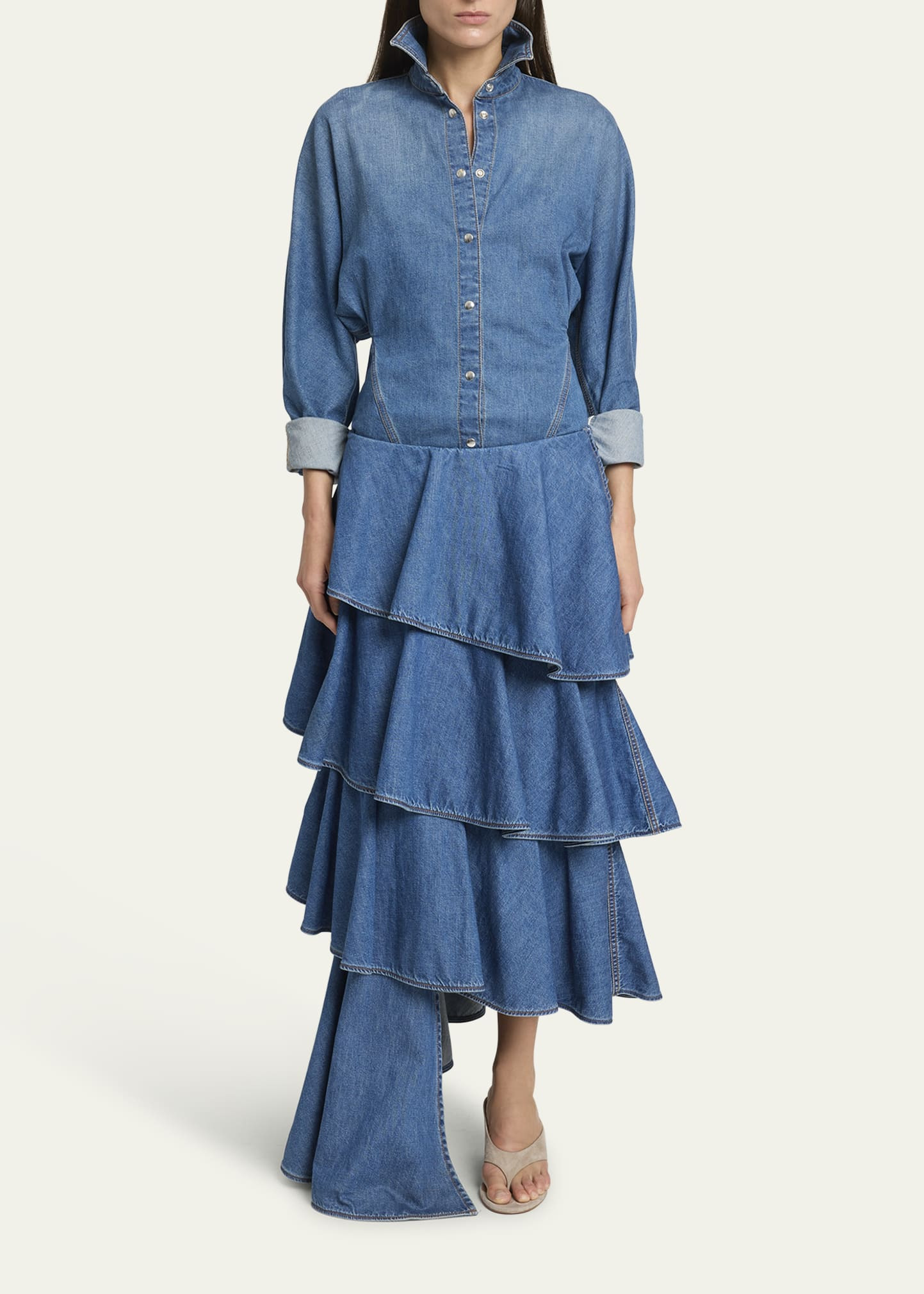 Spiral Ruffle Denim Midi Skirt - 2