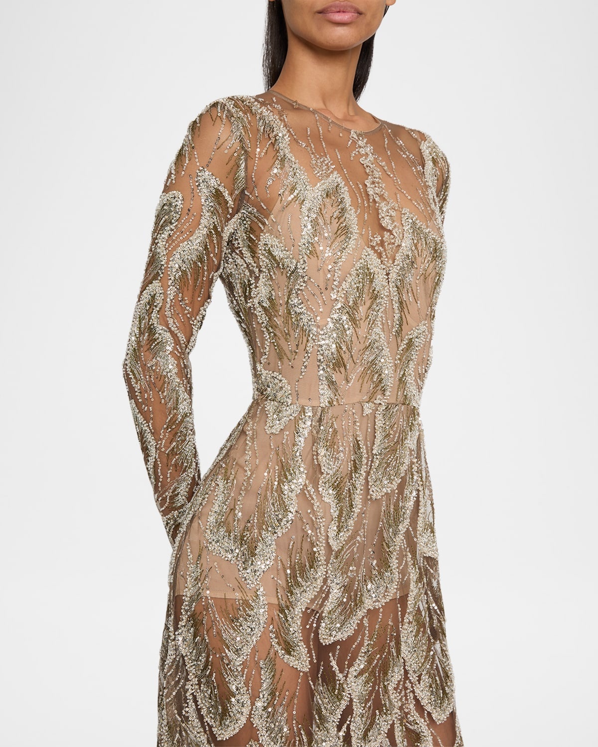 Embellished Sheer Tulle Long-Sleeve Gown - 5