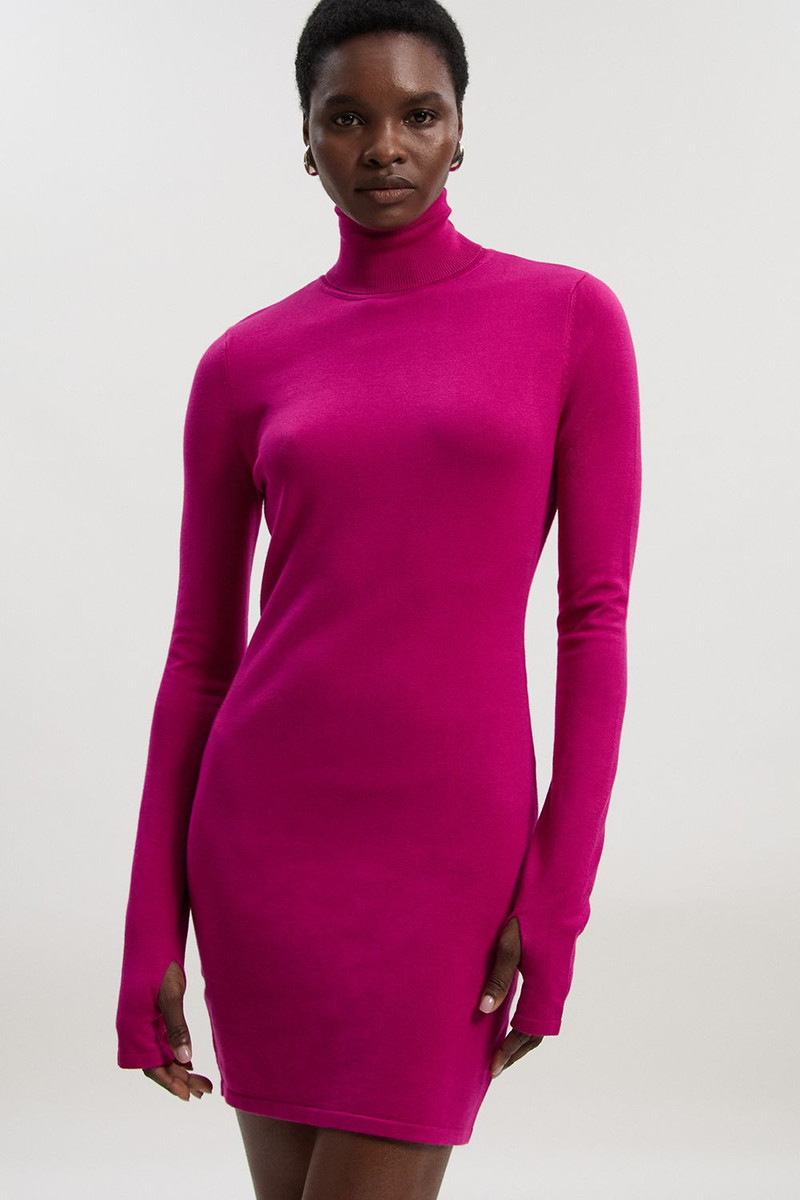 Viscose Blend Roll Neck Thumbhole Cuff Knit Mini Dress 3