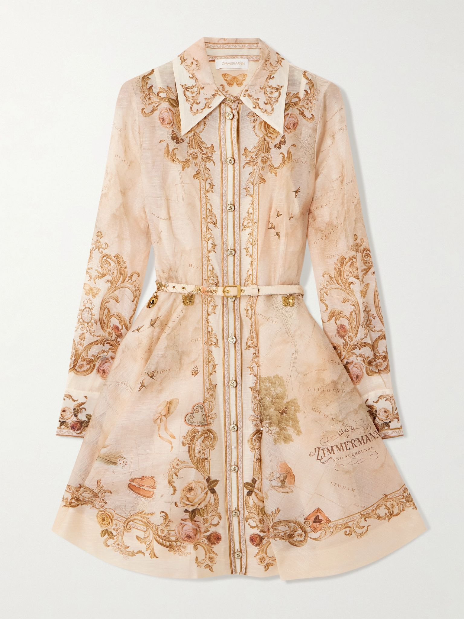Belted printed linen and silk-blend mini dress Cream - 1