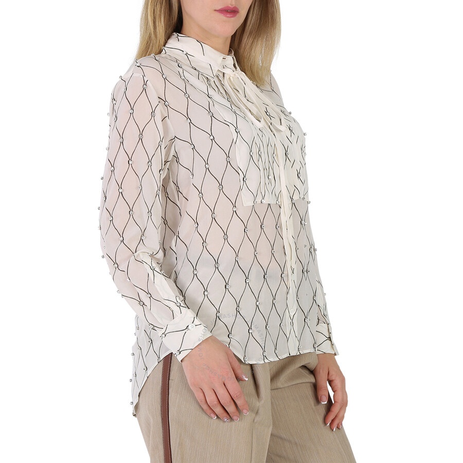 Burberry Net Print Crystal Detail Tie-neck Silk Shirt - 4