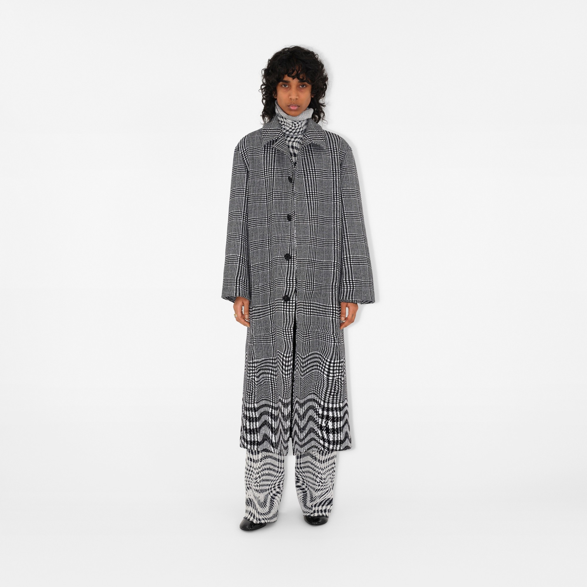 Long Warped Houndstooth Silk Blend Car Coat - 2
