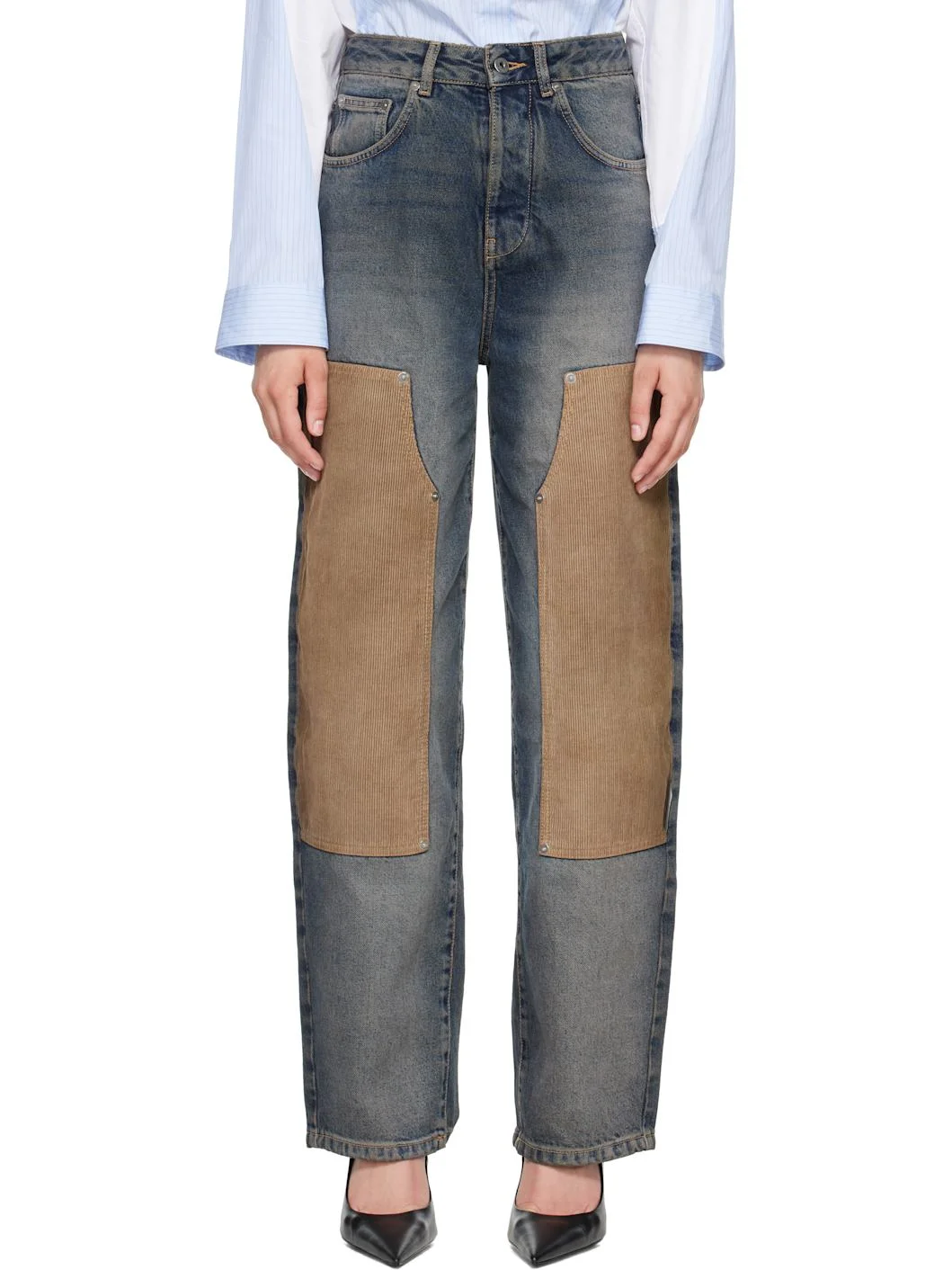 Navy & Brown Corduroy Patch Balloon Jeans - 1