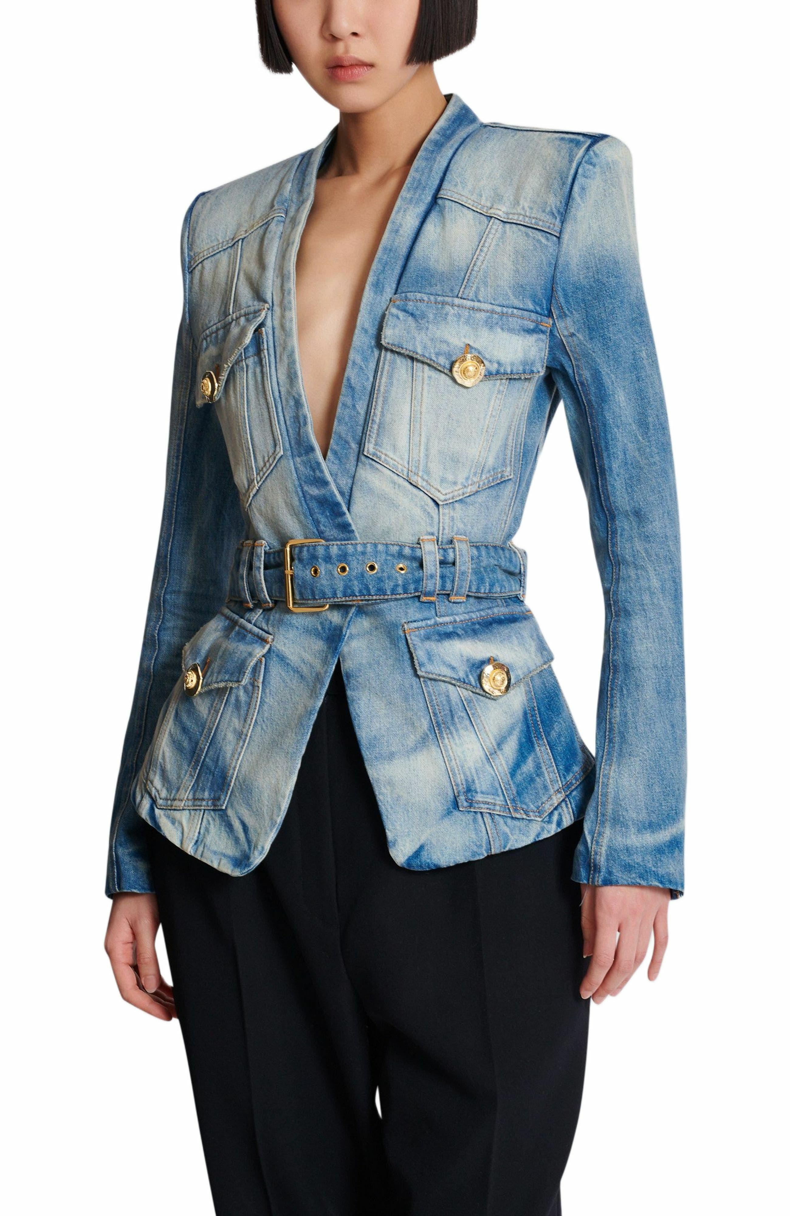 Balmain 1-button belted denim jacket in Blue at Nordstrom - 6