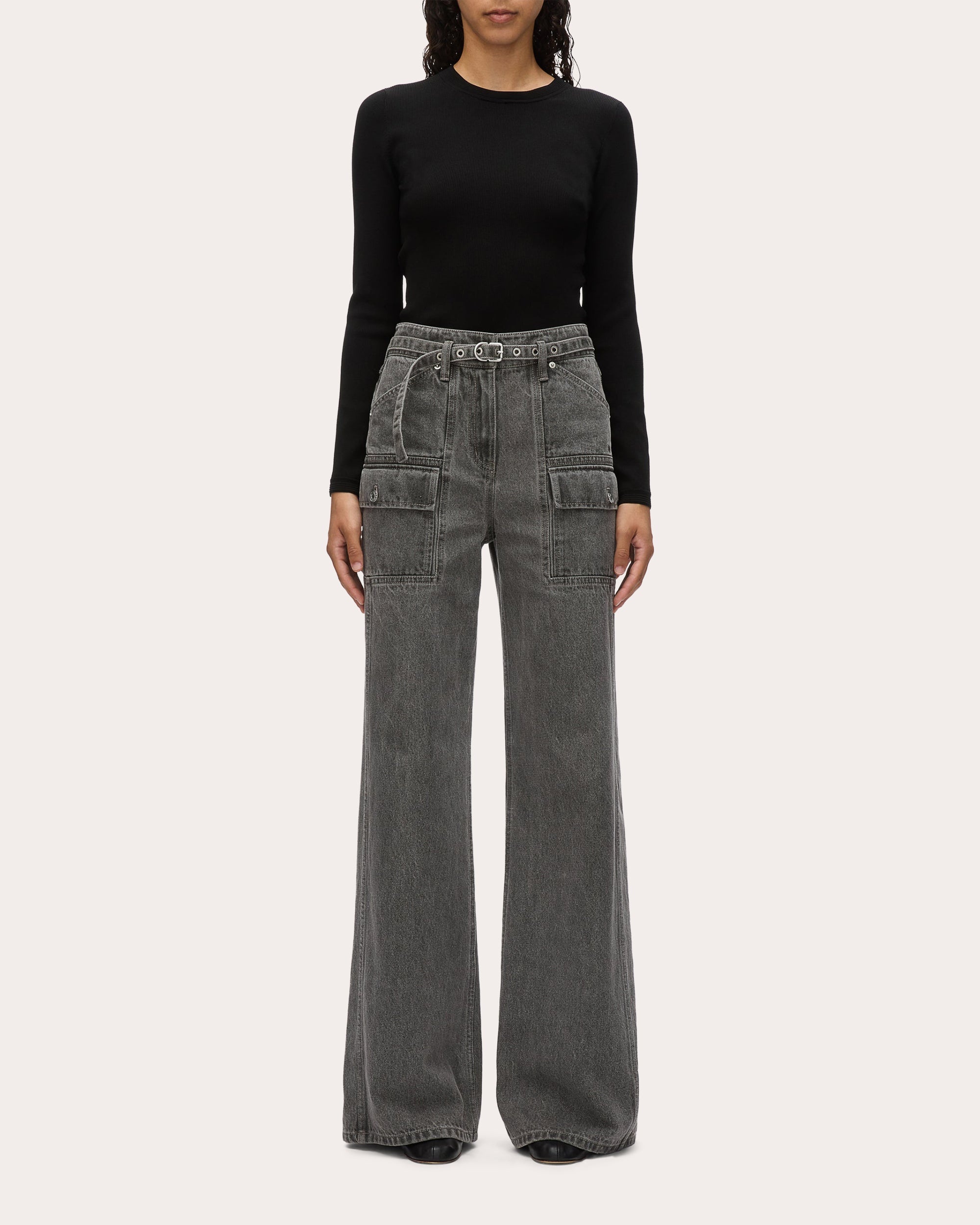 Acid Wash Denim Belted Cargo Wide-Leg Jeans - 5