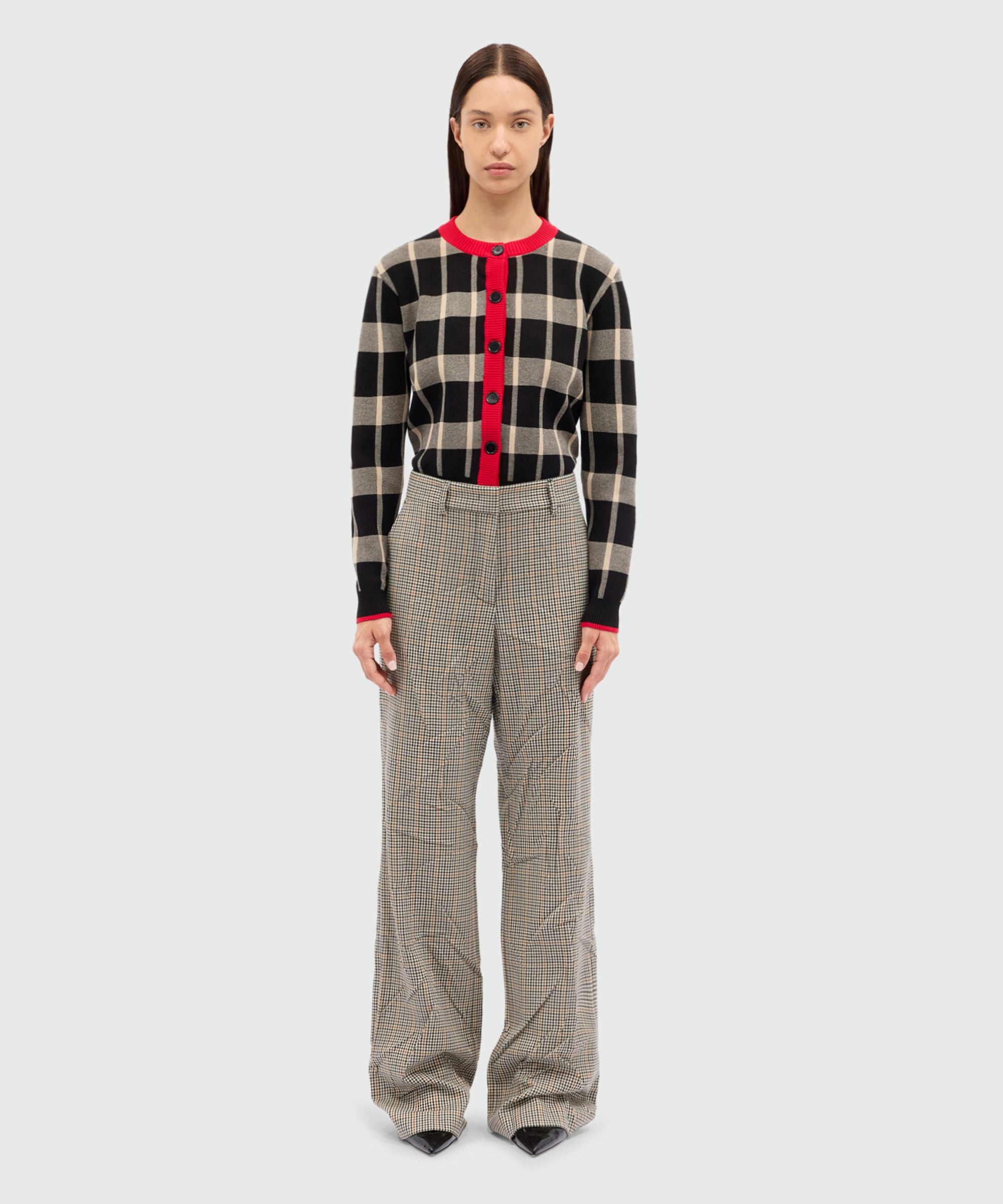 Ivory flared trousers in crumpled micro check - 2